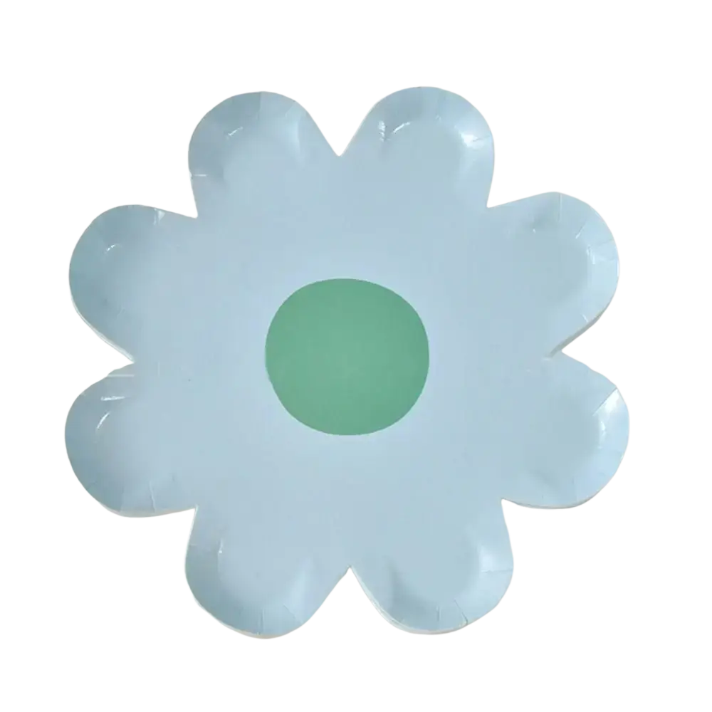 Light blue flower-shaped daisy paper plate with solid green center for floral party tableware 10 pack