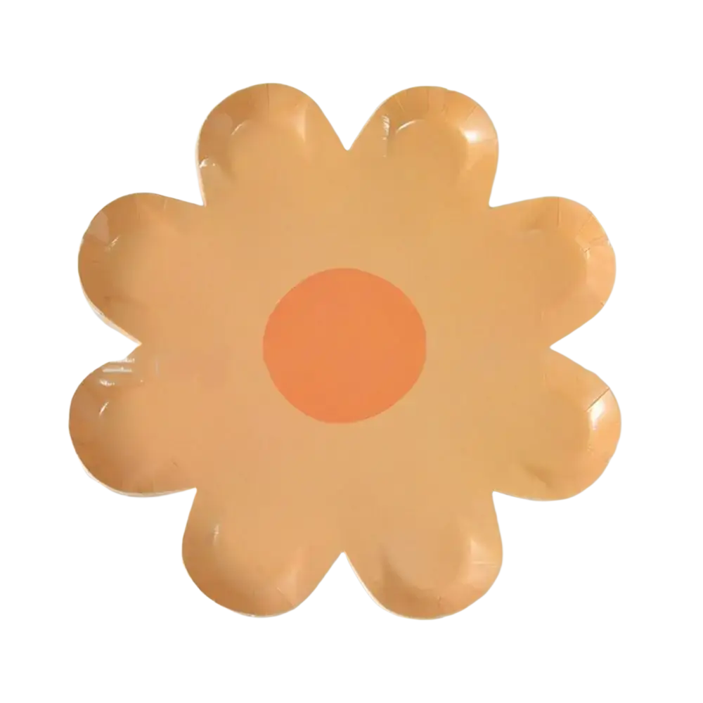 A matte orange paper plate shaped like a flower with eight petals and solid center for floral party tableware