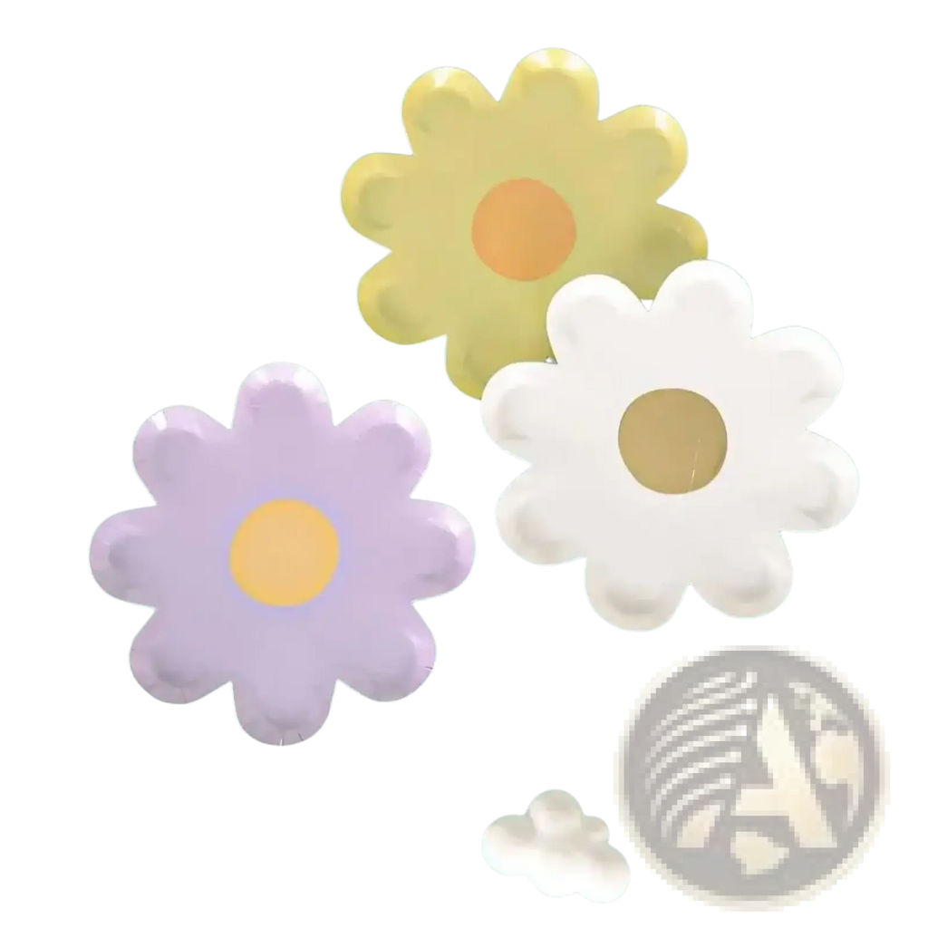 Daisy paper plates 10 pack featuring pastel lavender yellow and white floral design with gold centers for parties