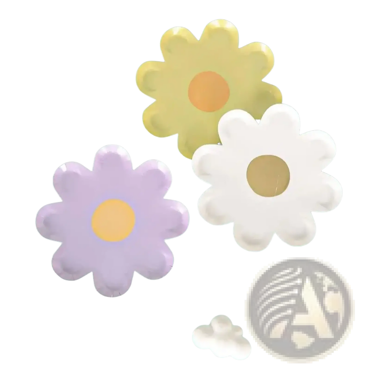 Daisy paper plates 10 pack featuring pastel lavender yellow and white floral design with gold centers for parties
