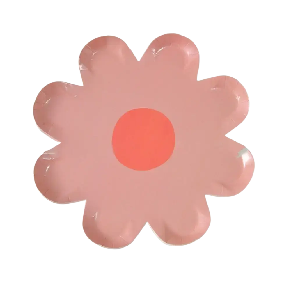 Pink daisy paper plates 10 pack floral party tableware with flower shape and solid orange center for celebrations