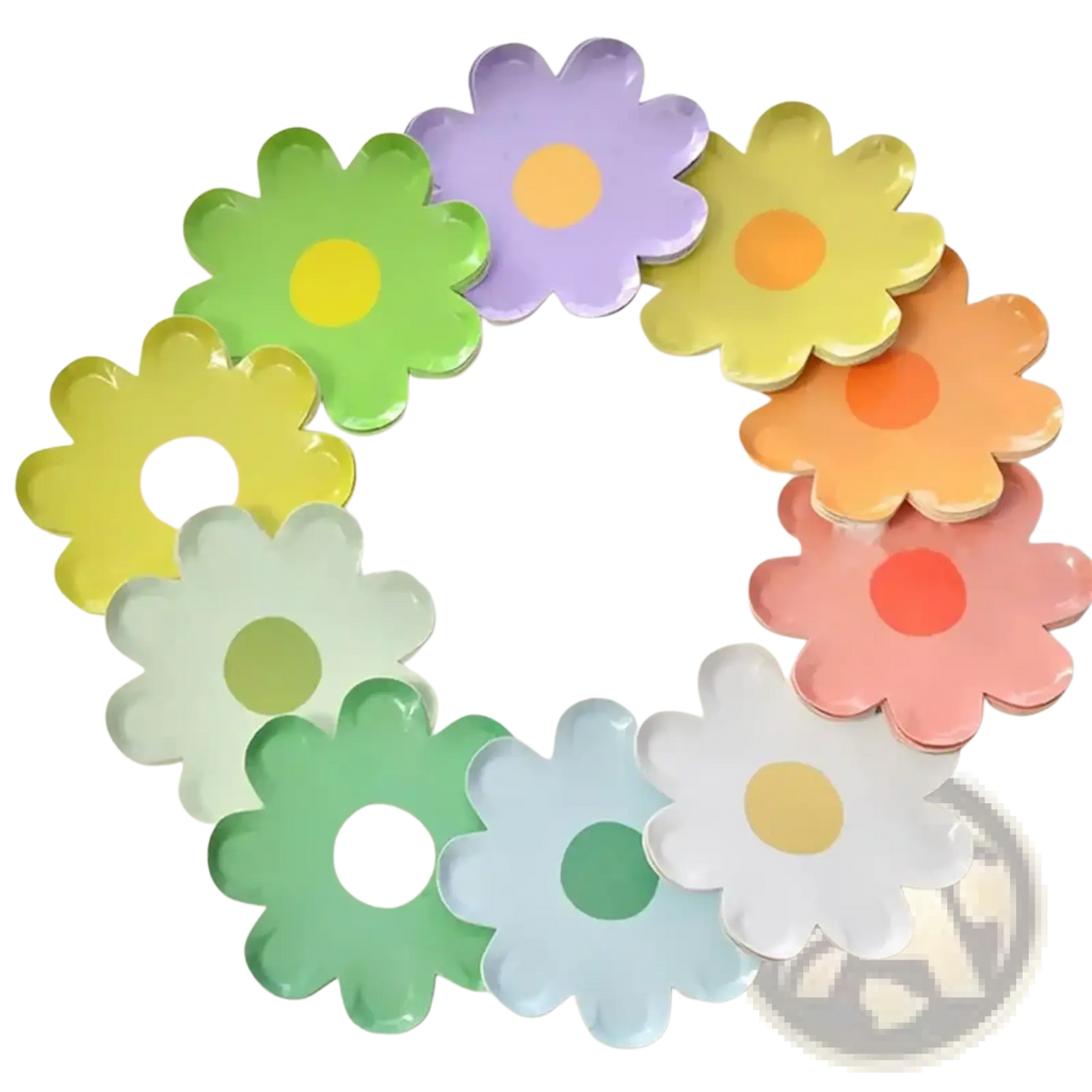 A set of pastel-colored, flower-shaped paper plates arranged in a circular pattern for floral party tableware