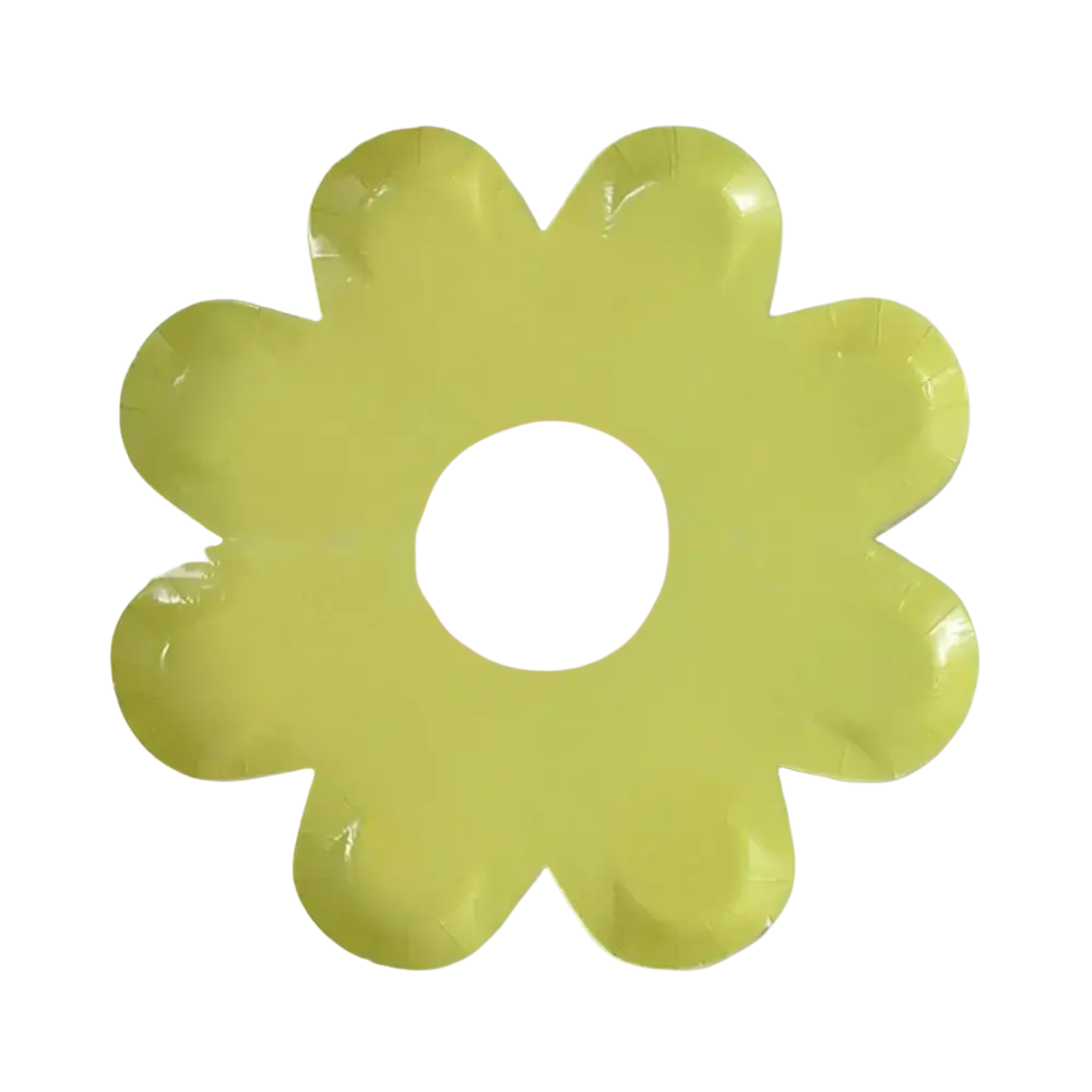 Daisy paper plates 10 pack featuring shiny lime green flower-shaped design with pink center for floral party tableware