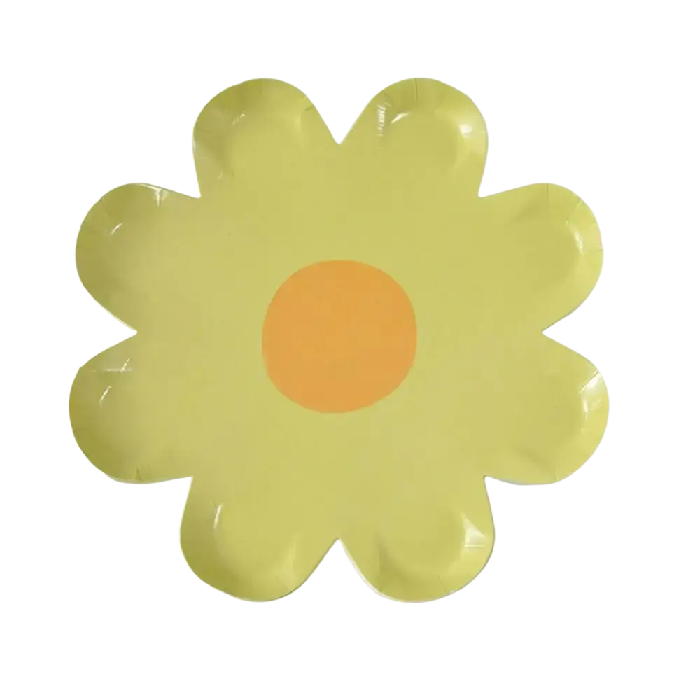 Daisy paper plates 10 pack featuring shiny pale yellow floral design with orange center for party tableware use