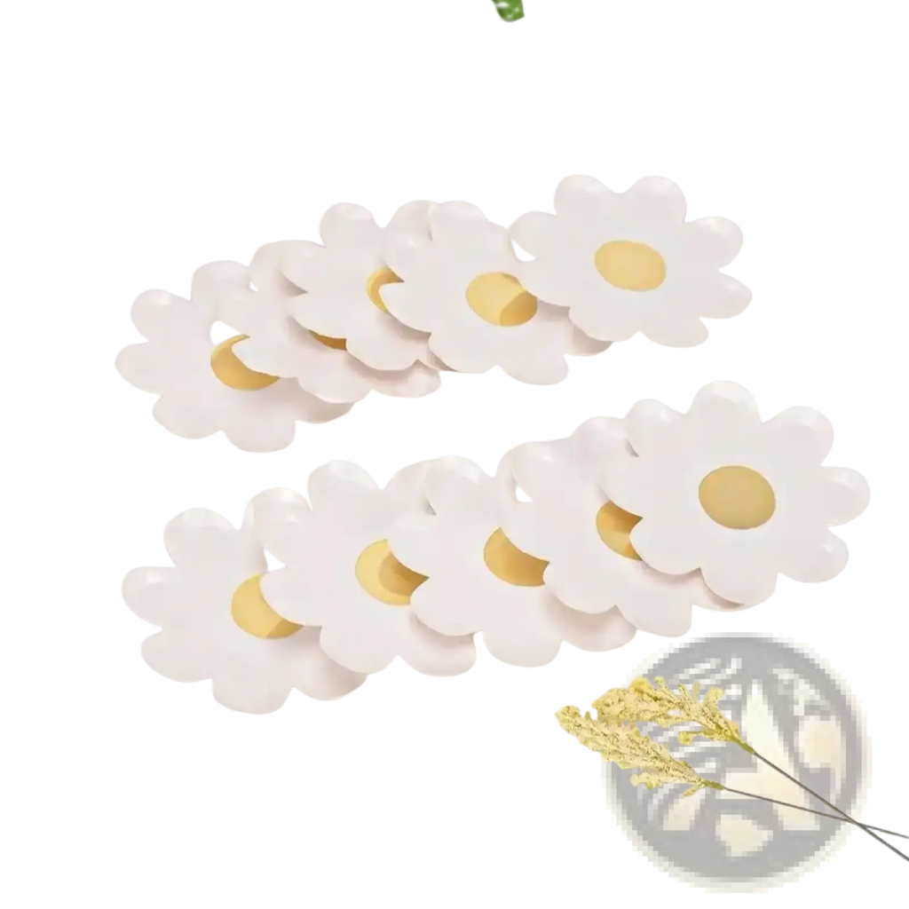 Daisy paper plates 10 pack featuring white daisy-shaped paper cutouts with yellow centers for floral party tableware