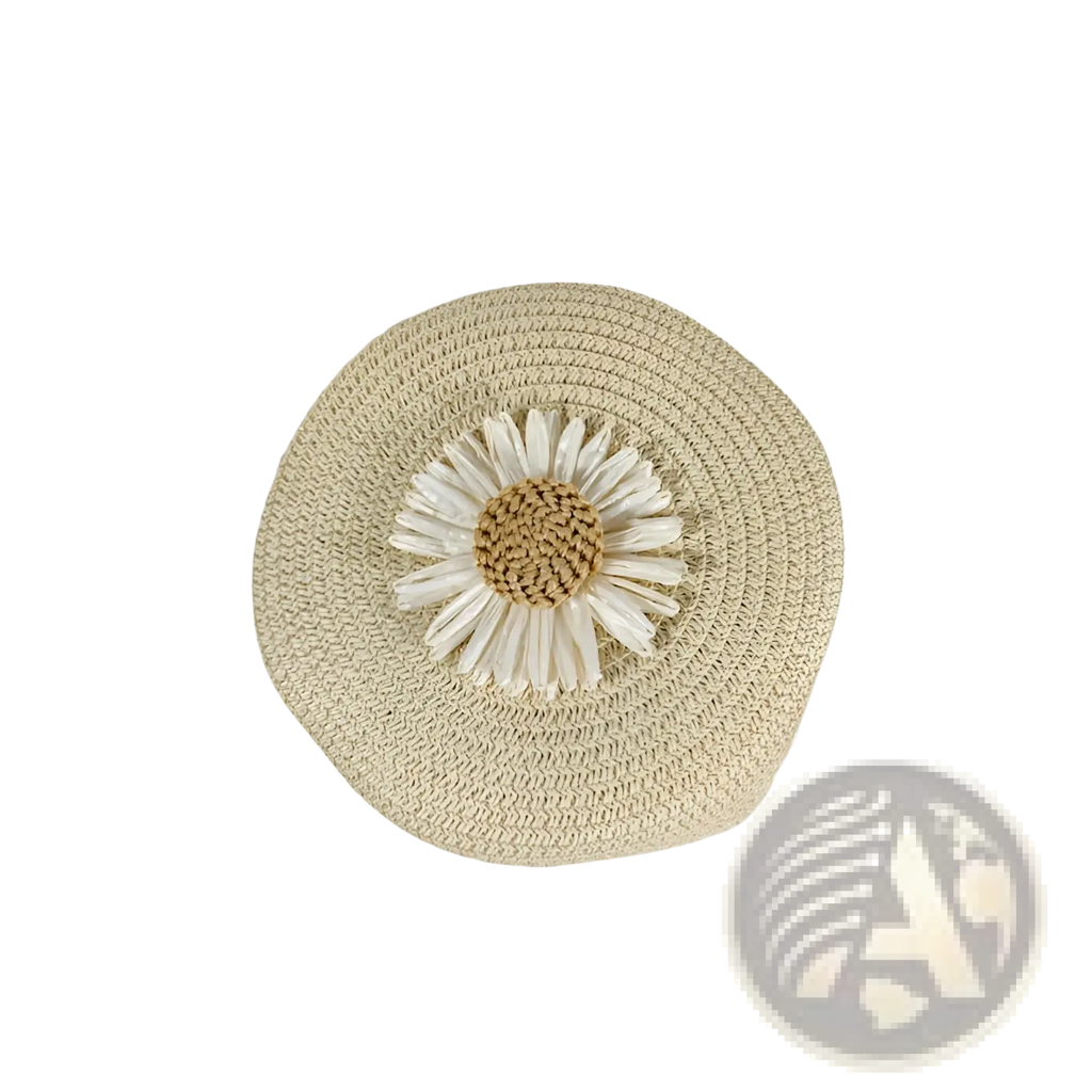 Beige woven straw crossbody bag adorned with a white daisy embellishment round shoulder purse