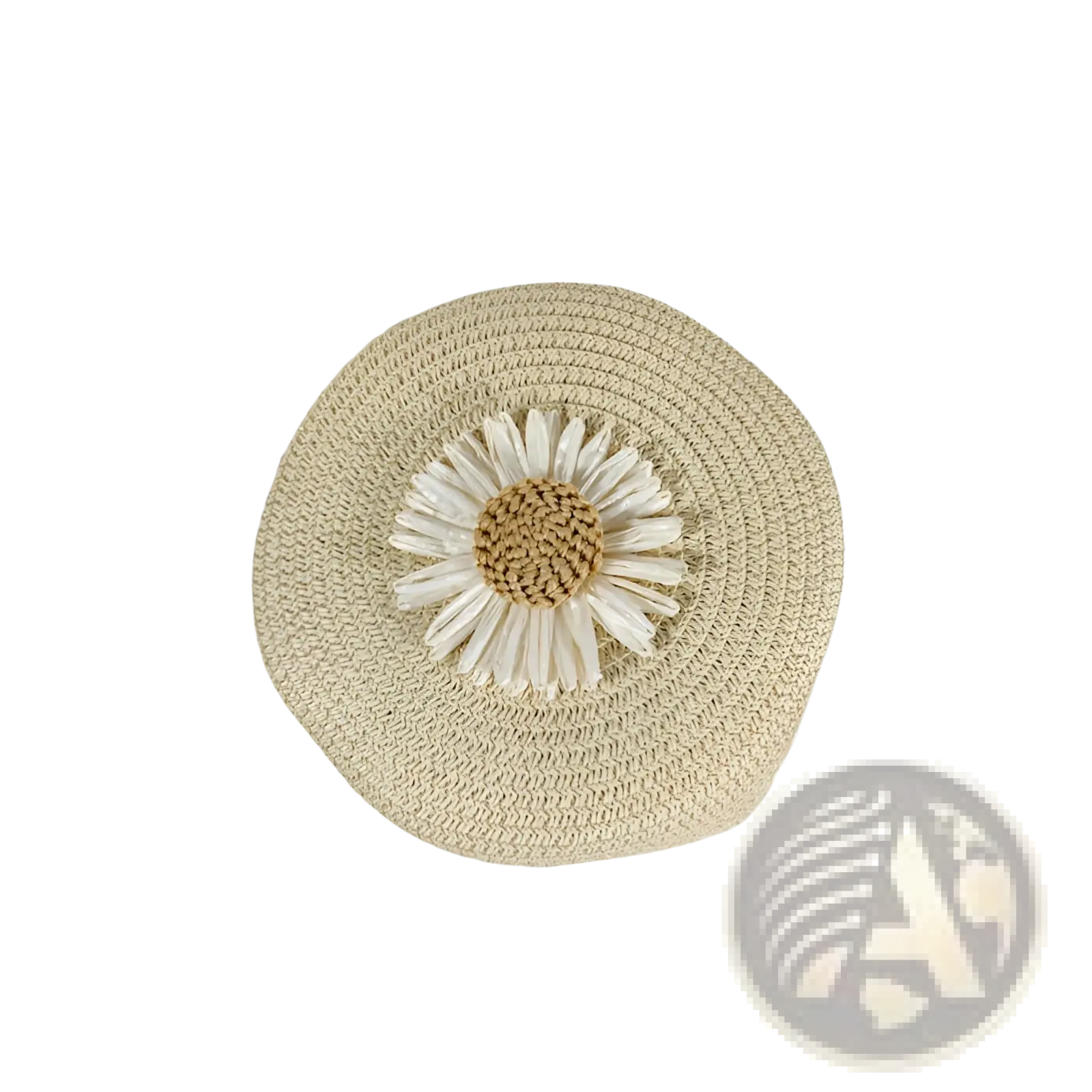 Beige woven straw crossbody bag adorned with a white daisy embellishment round shoulder purse
