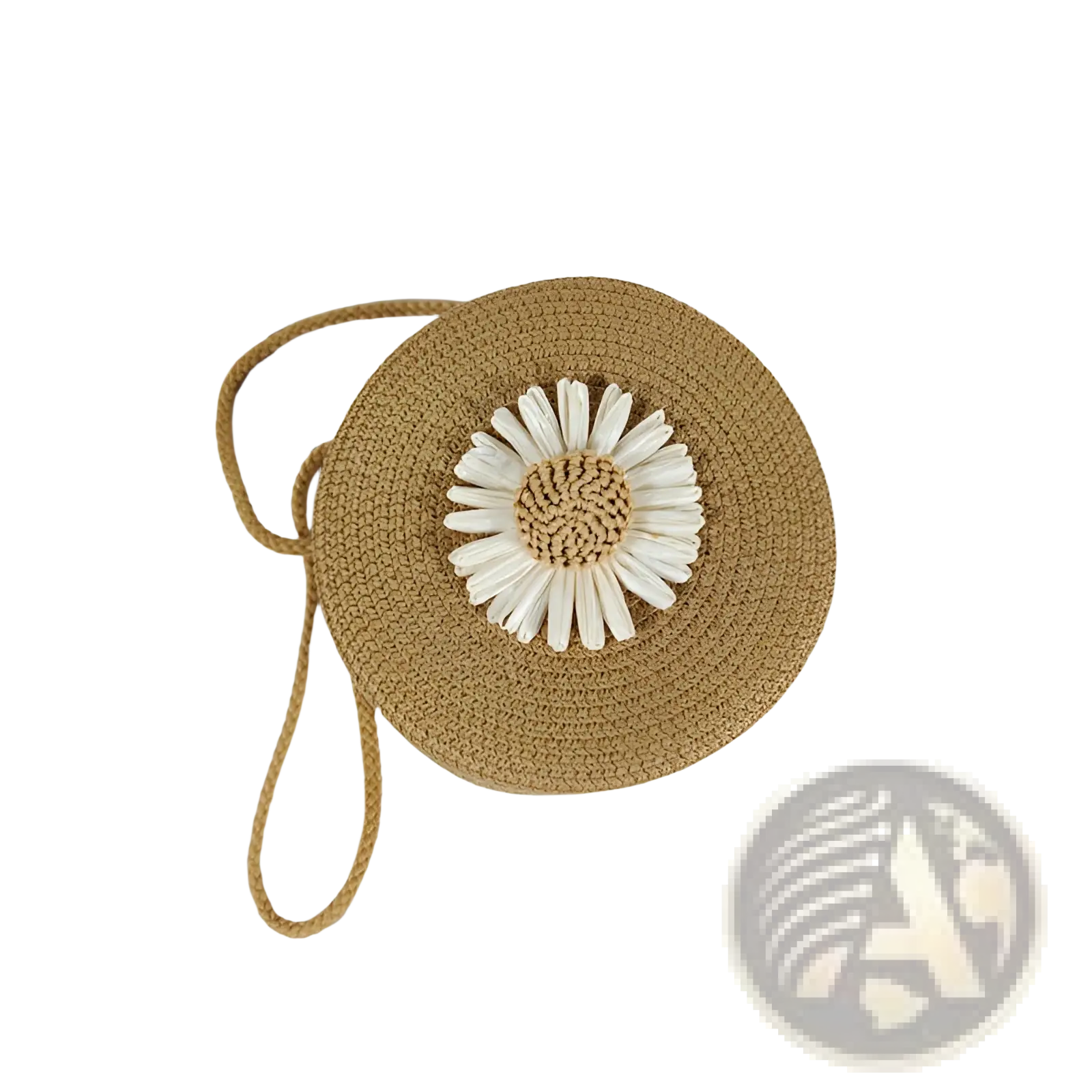 Daisy straw crossbody bag round woven shoulder purse in beige with white daisy embellishment and braided strap