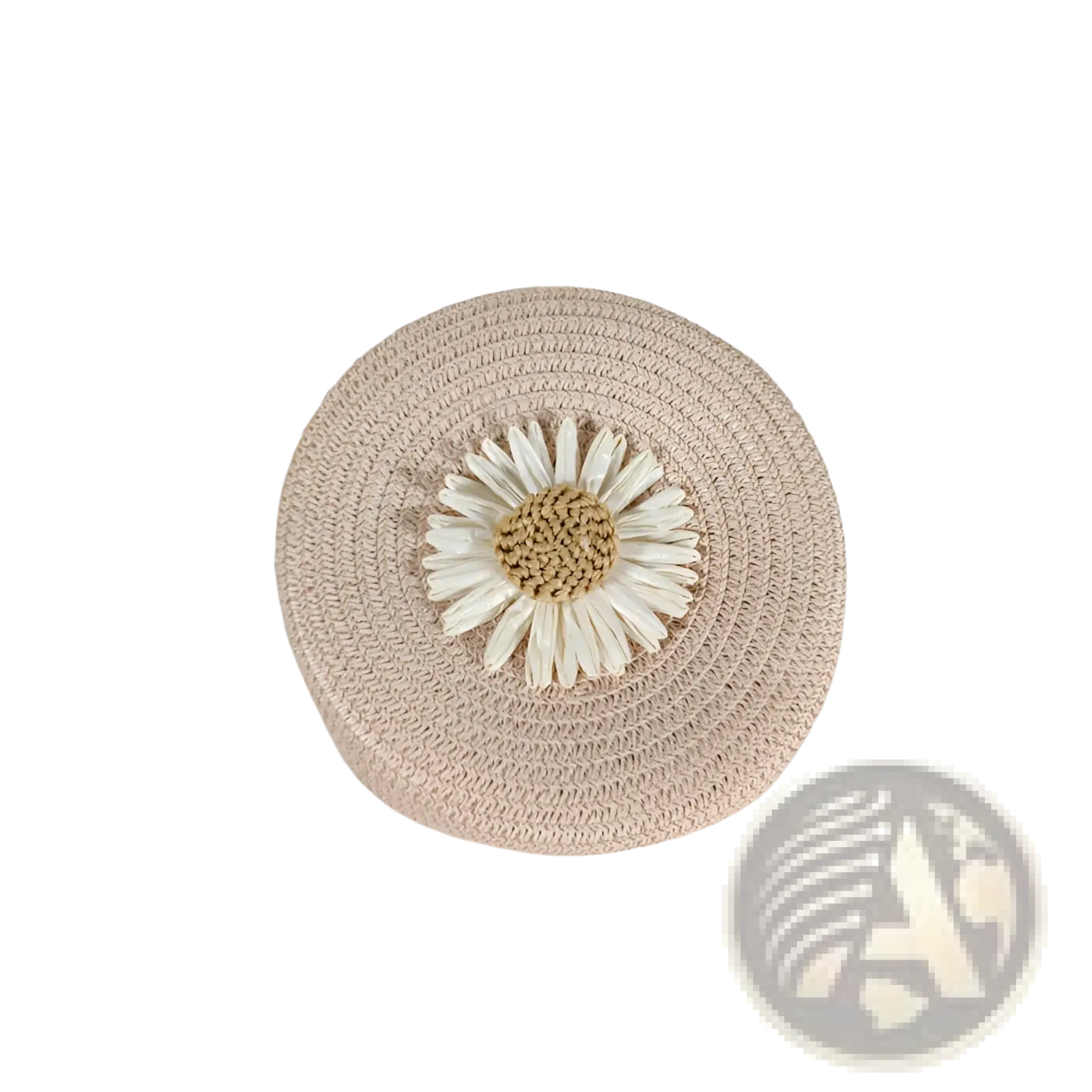 Beige woven straw crossbody bag adorned with a white daisy embellishment for casual shoulder use
