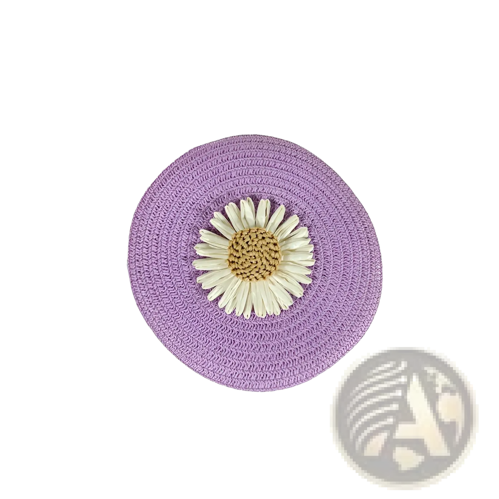 Purple woven straw crossbody bag with a prominent white daisy and golden center round shoulder purse