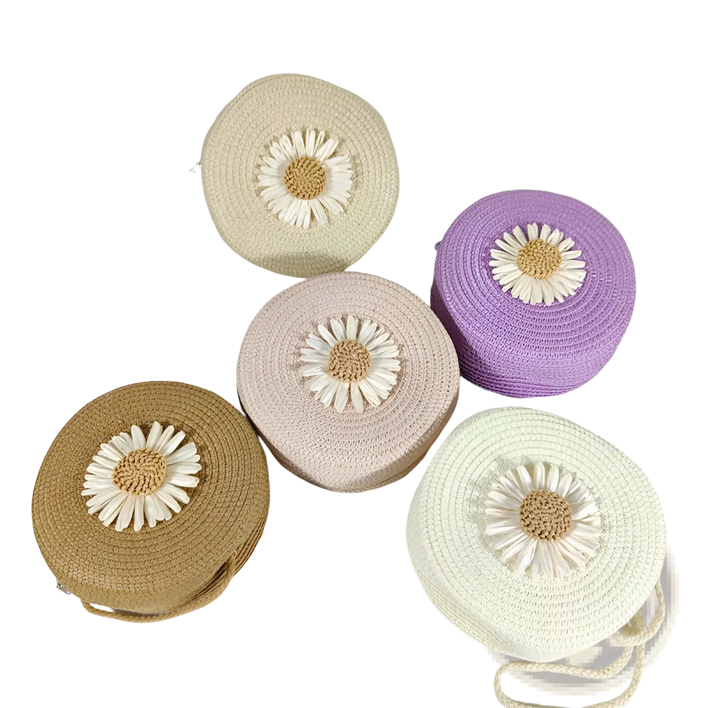 Daisy straw crossbody bags round woven shoulder purses in beige lavender tan and cream with embroidered daisies