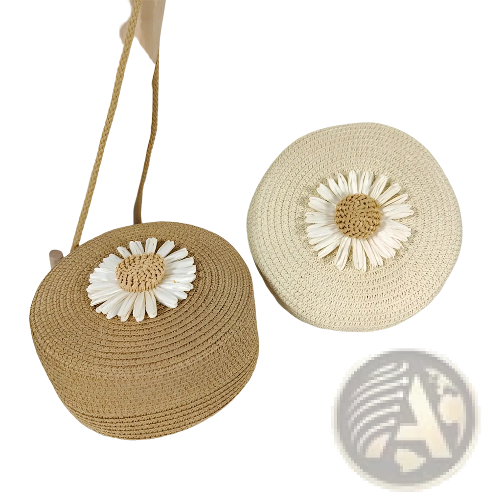 Beige woven straw daisy straw crossbody bag with a prominent white daisy embellishment and textured center