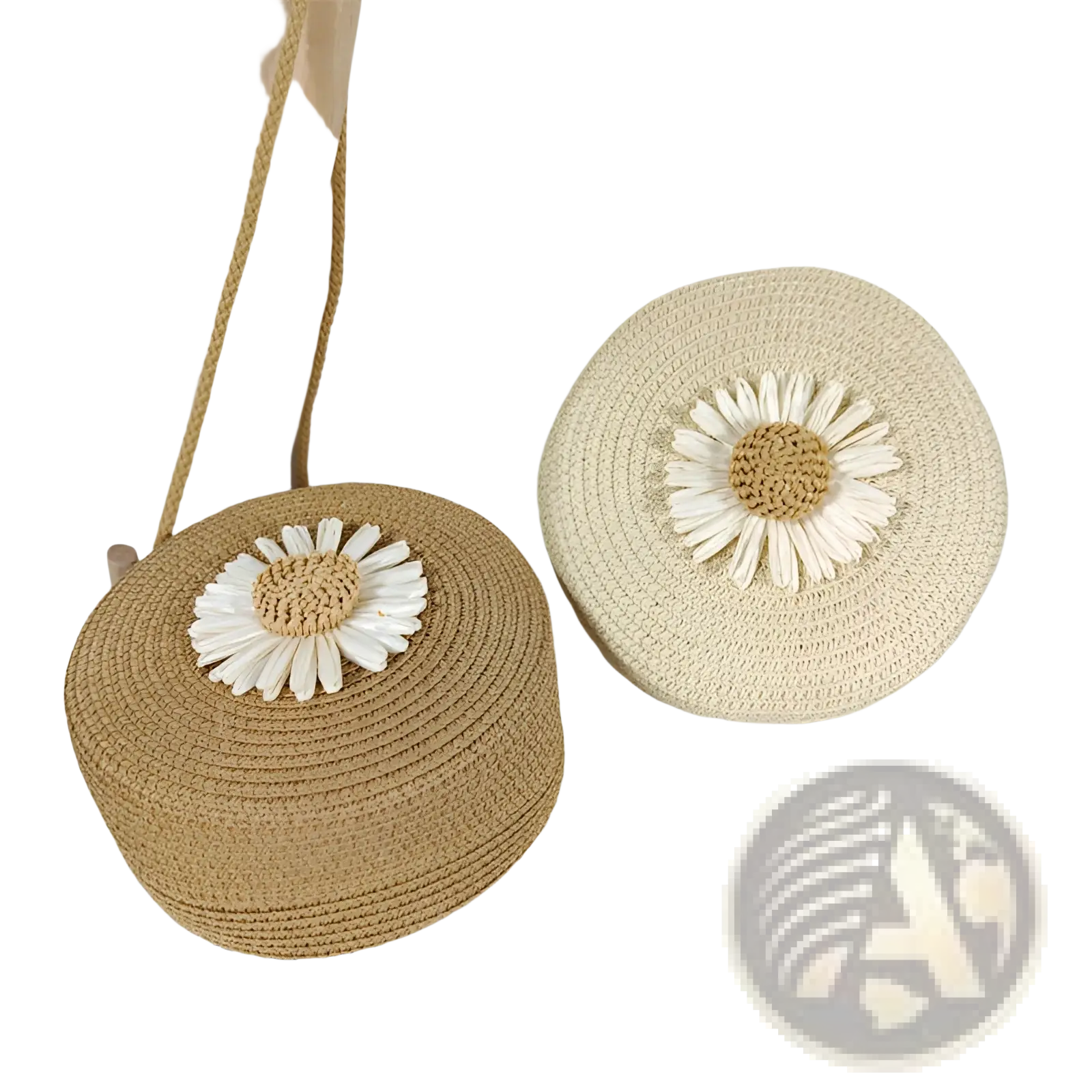 Beige woven straw daisy straw crossbody bag with a prominent white daisy embellishment and textured center