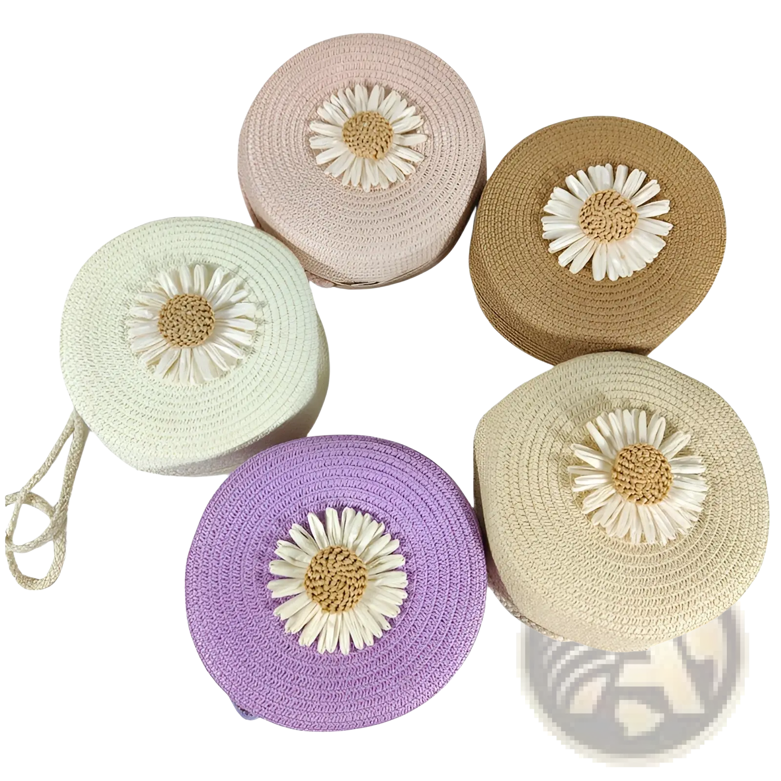 Pastel-colored round woven straw crossbody bags with embroidered daisy embellishments and shoulder straps