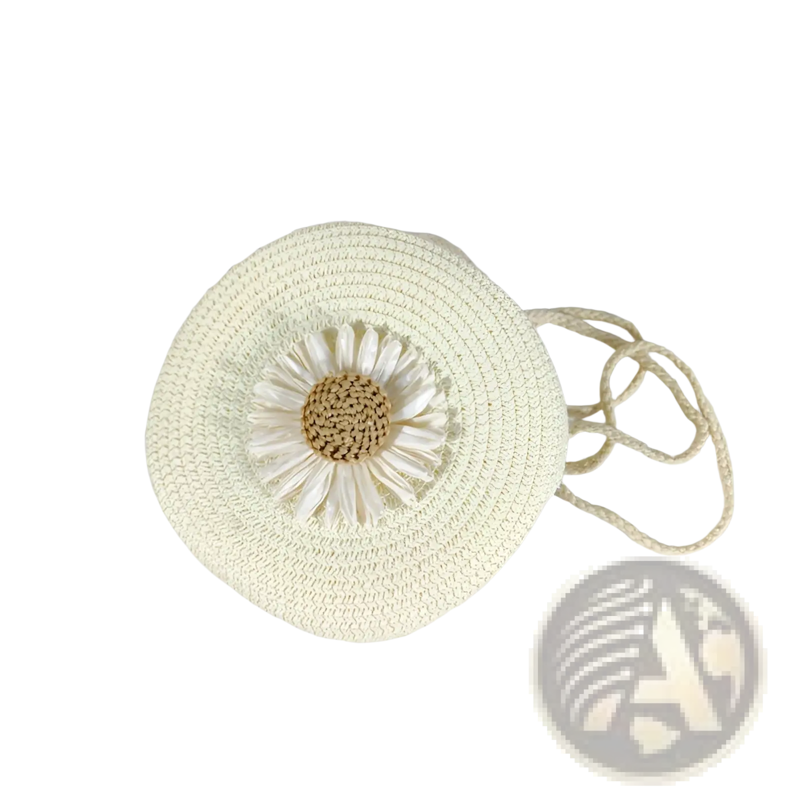 Cream-colored woven straw daisy straw crossbody bag with detailed white petal and tan center embellishment