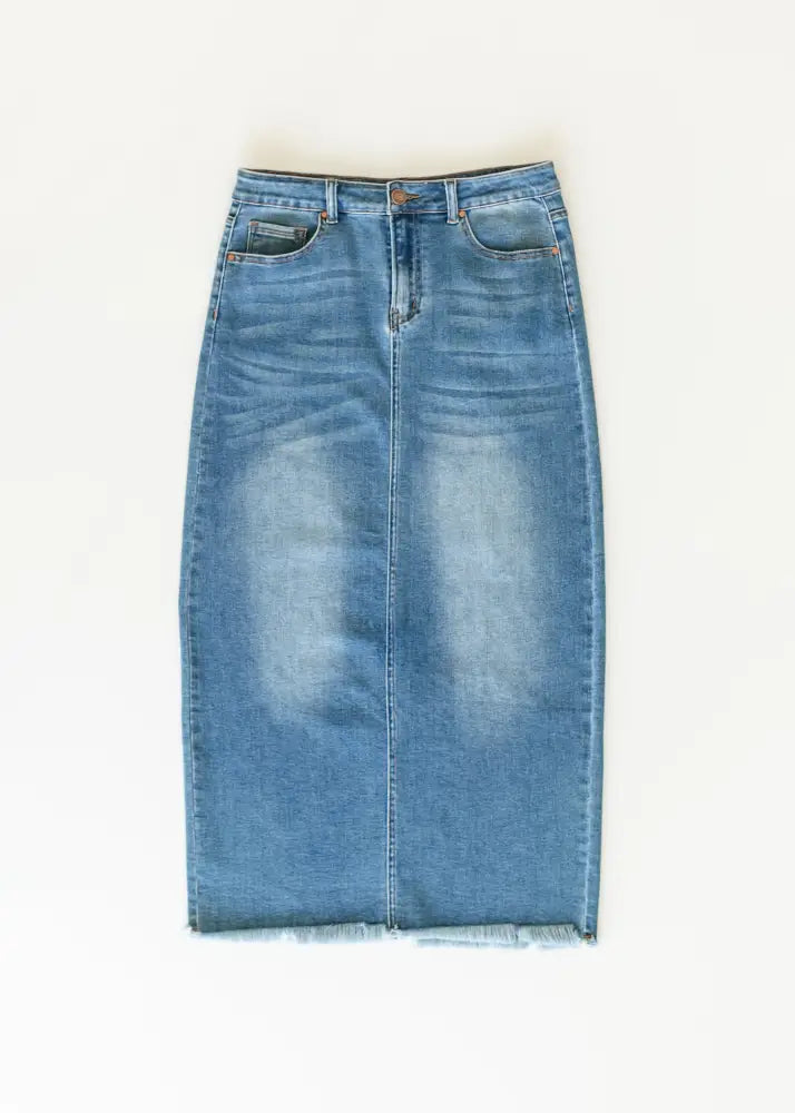 Dakotah raw hem high waisted denim skirt in light blue wash with frayed hem and front pockets mid-thigh length