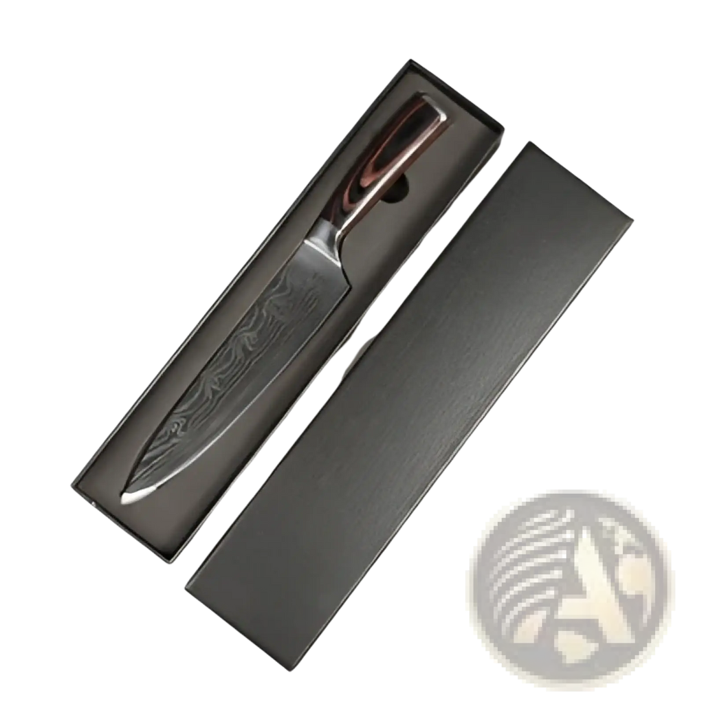 Elegant black-handled damascus chef knife 8 inch stainless steel slicing tool in a sleek gift box