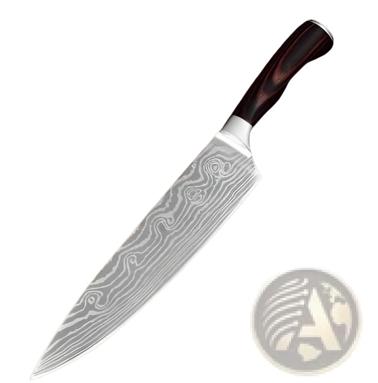 A sleek 8 inch damascus chef knife with swirling steel patterns and a dark polished wooden handle for slicing