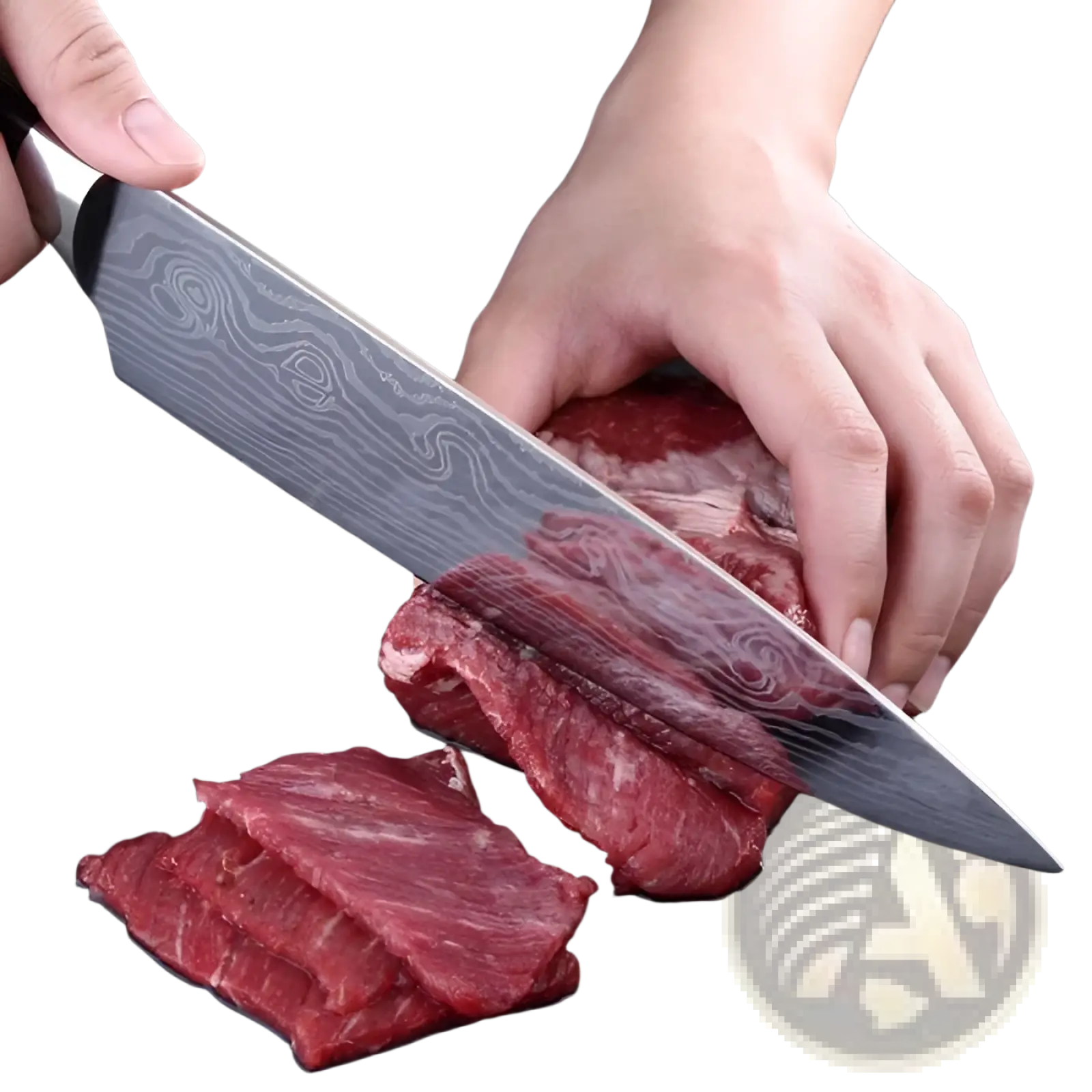 A sleek damascus chef knife 8 inch with a wavy patterned stainless steel blade and polished silver handle for slicing