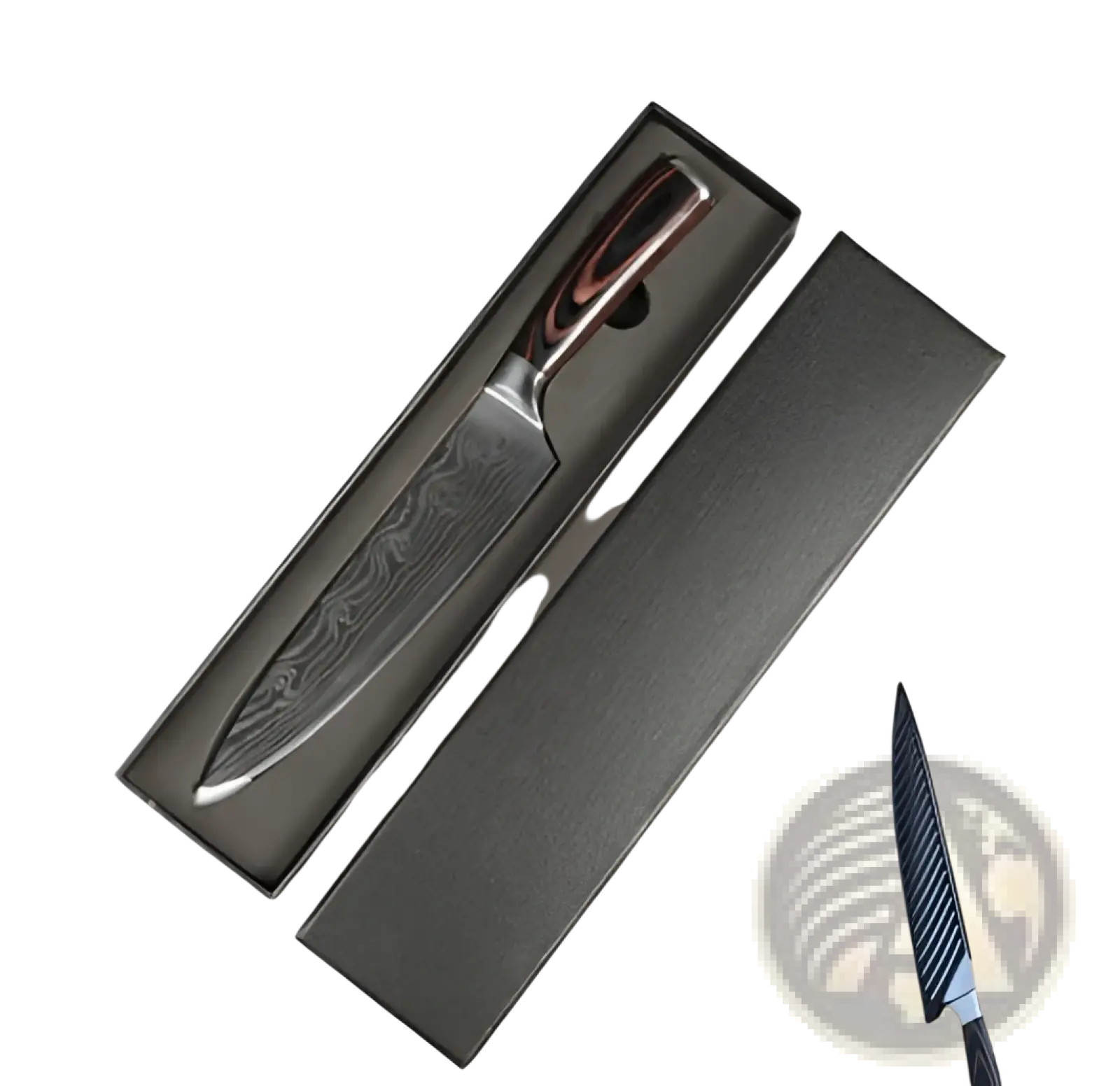 A sleek damascus chef knife 8 inch with a dark brown wooden handle in a black presentation box