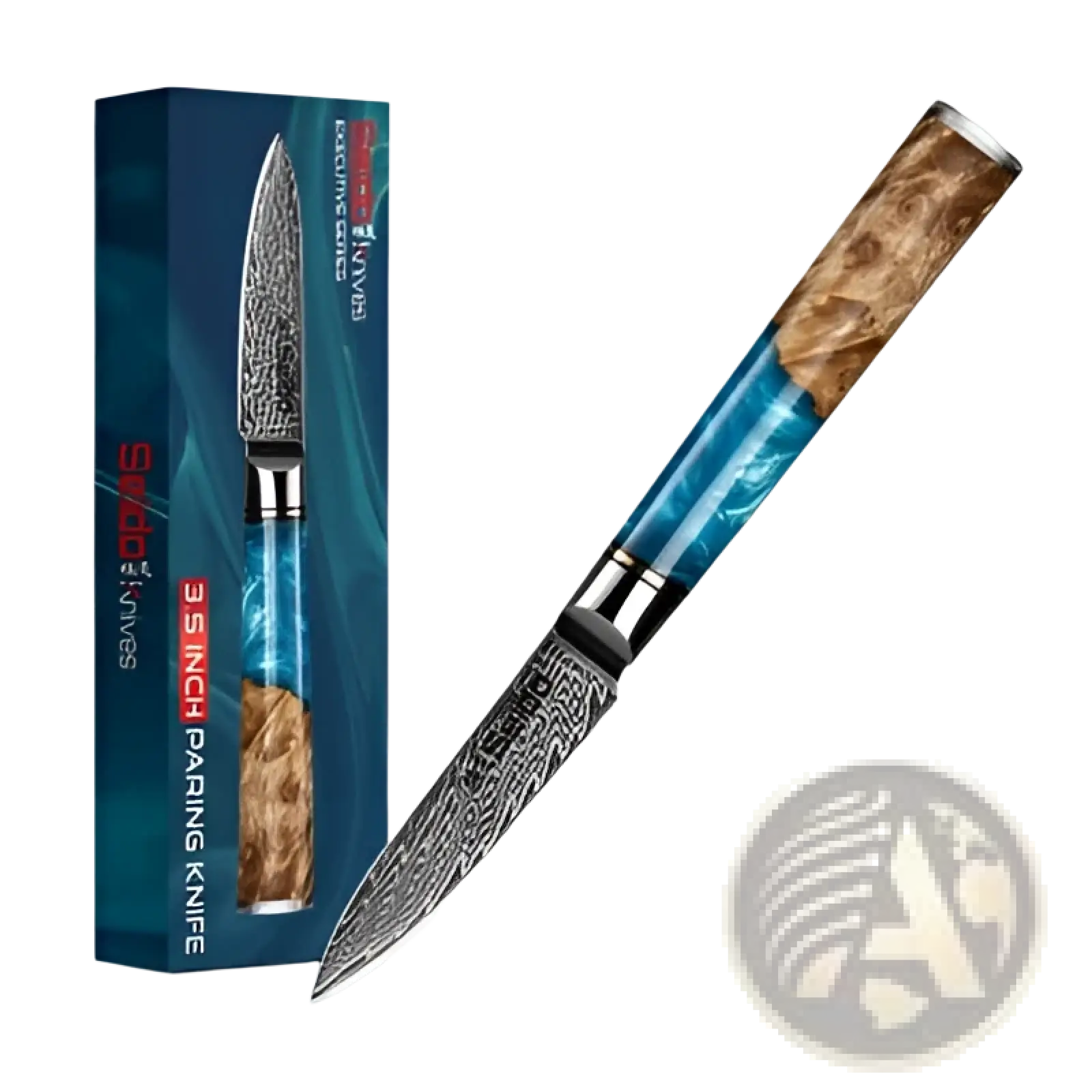 A damascus steel paring knife with a turquoise resin handle and wood inlay branded sanchi in a 7 piece chef set