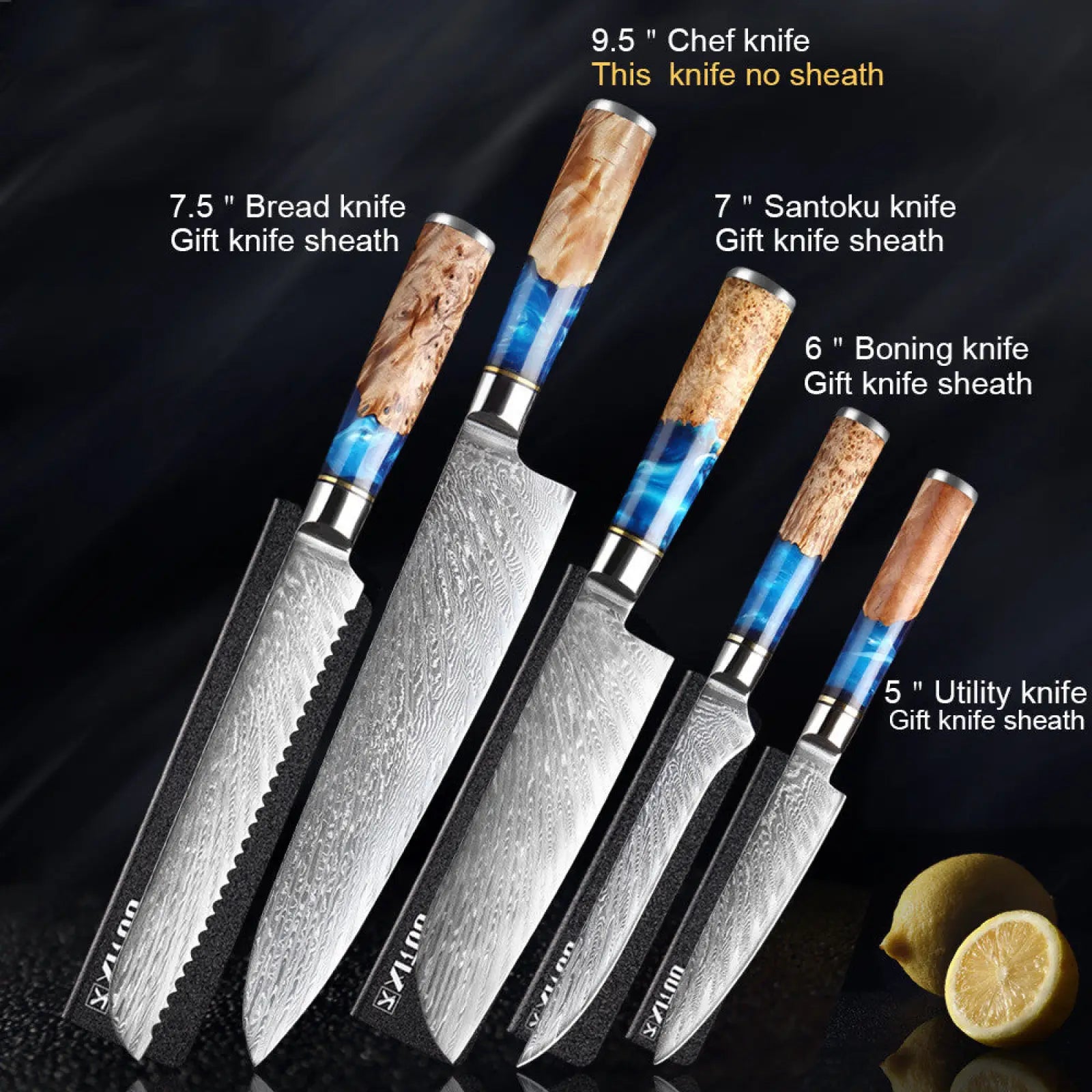 Set of five damascus chef knives with blue and brown resin handles and sleek black sheaths for professional use