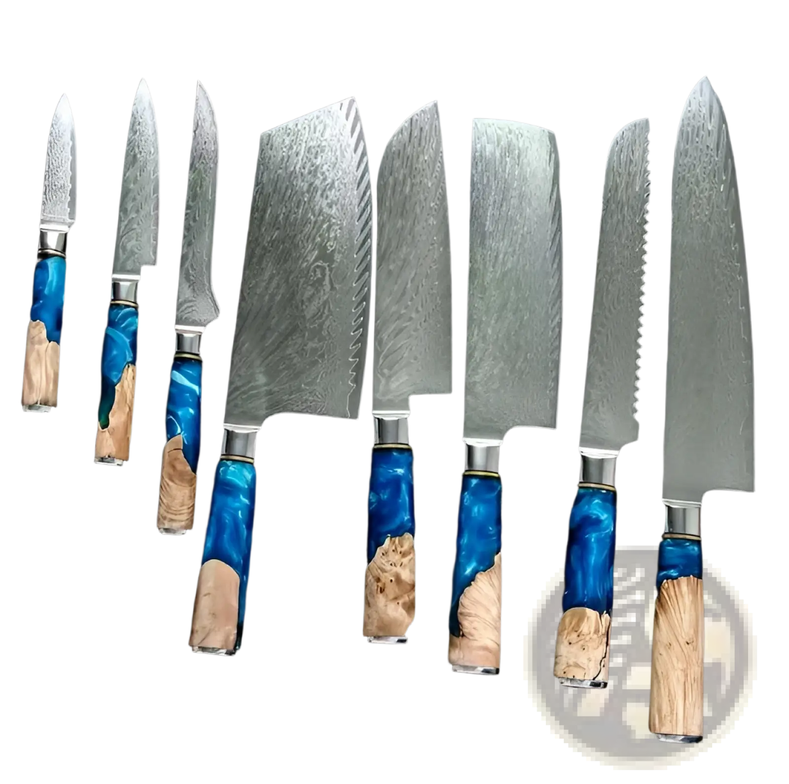 Set of eight damascus steel chef knives with blue resin and wood inlay handles for professional kitchen use