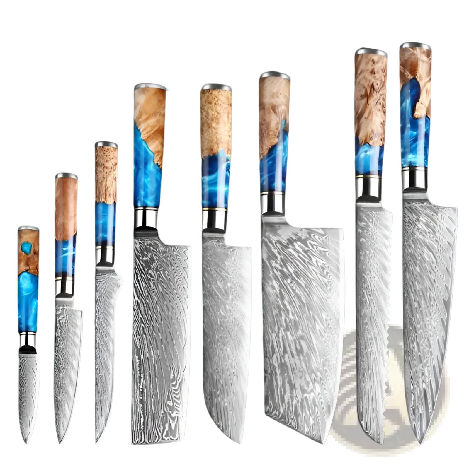 Set of seven damascus chef knives with blue resin and wood grain handles featuring wavy steel blade patterns