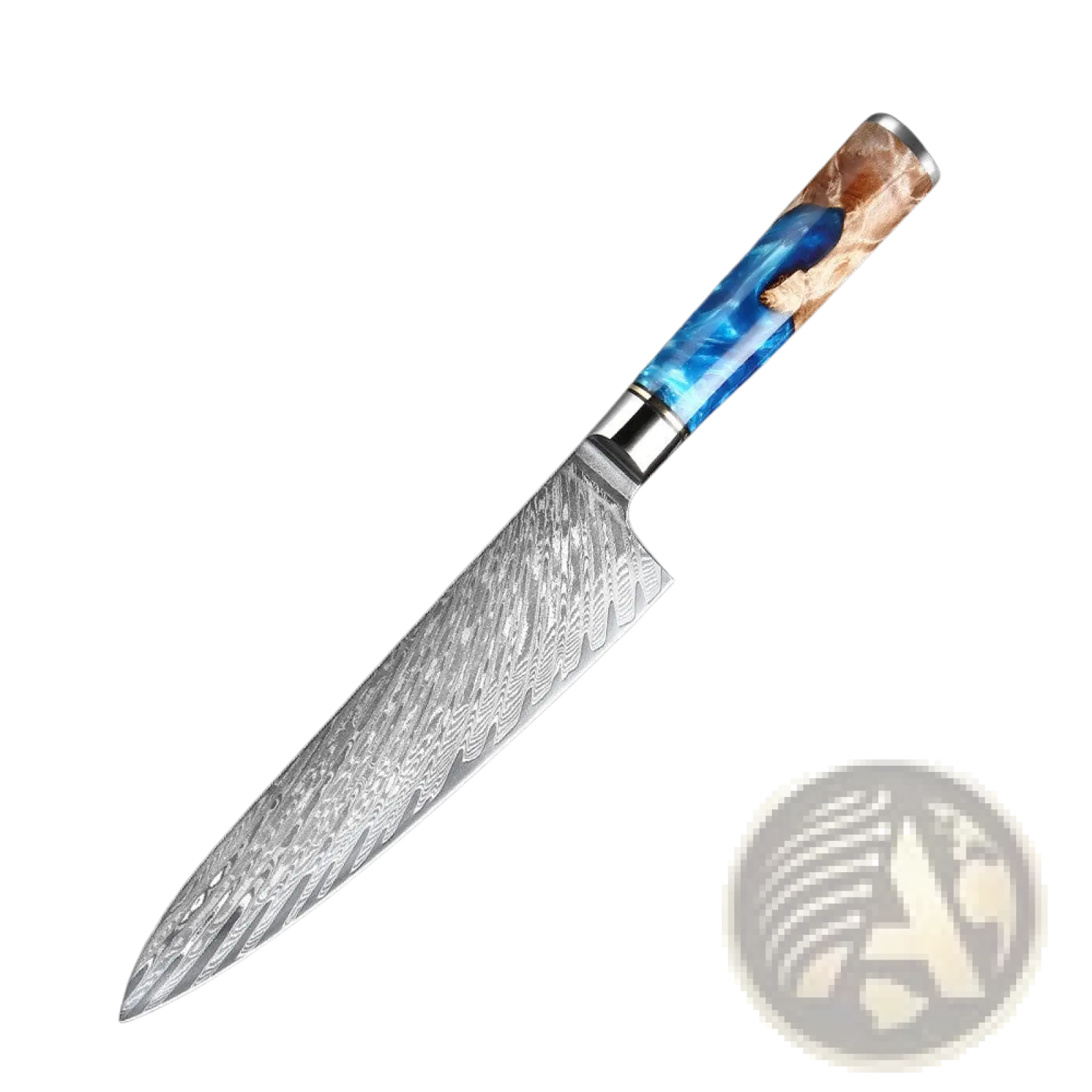 8-inch damascus chef knife with blue resin inlay wood handle and black gift sheath from 7 piece set