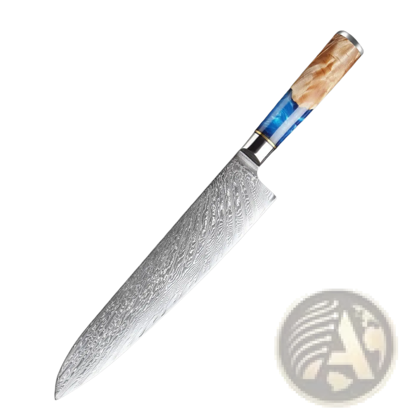 9.5-inch chef knife with damascus steel blade and blue resin inlay natural wood grain handle without sheath