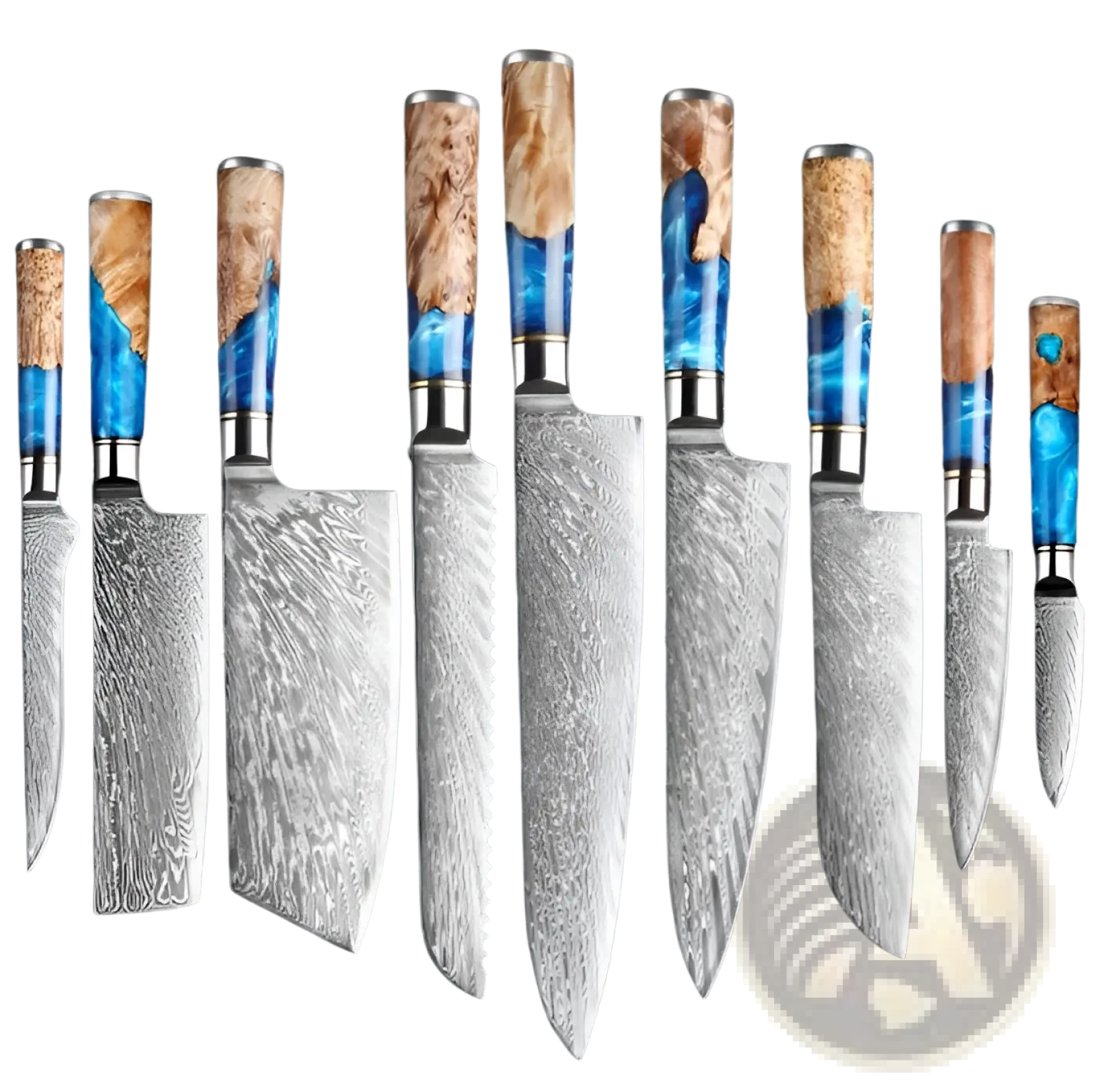 Set of ten elegant damascus chef knives with blue resin and natural wood grain handles in a 7 piece set