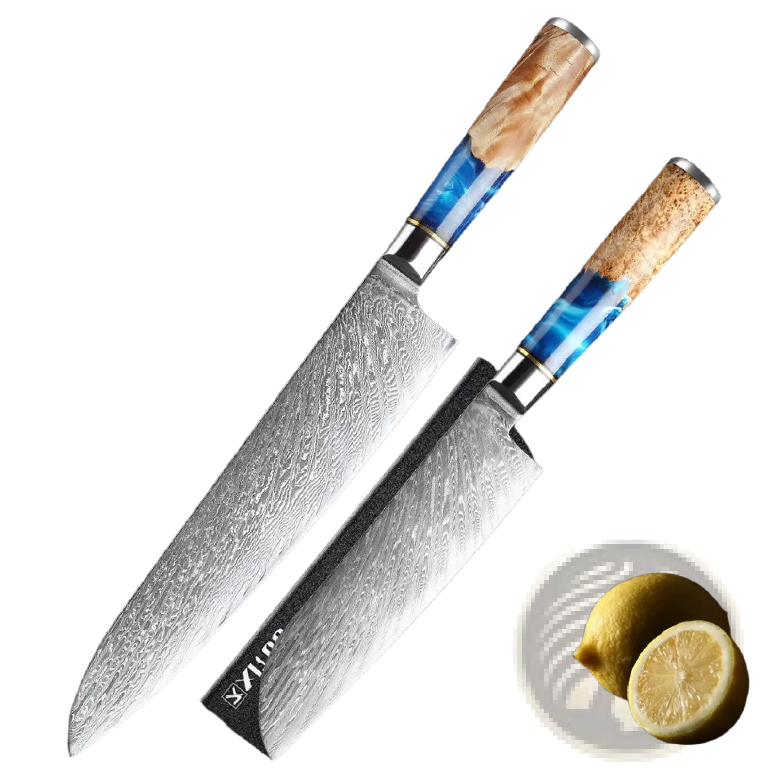 A 9.5-inch damascus chef knife with blue resin inlay handle and matching santoku sheath from a 7 piece set