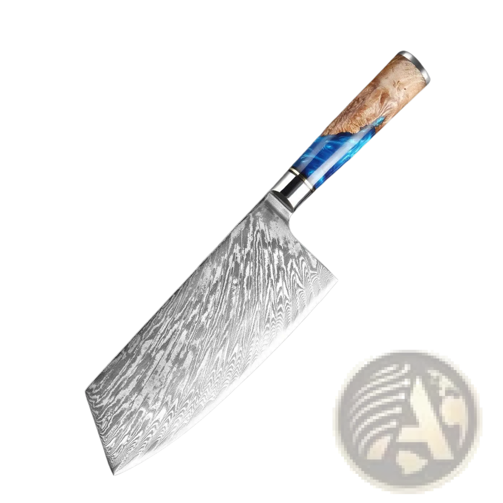 7.5-inch damascus chef knife with blue resin inlay handle and wood grain in a 7 piece damascus chef knife set