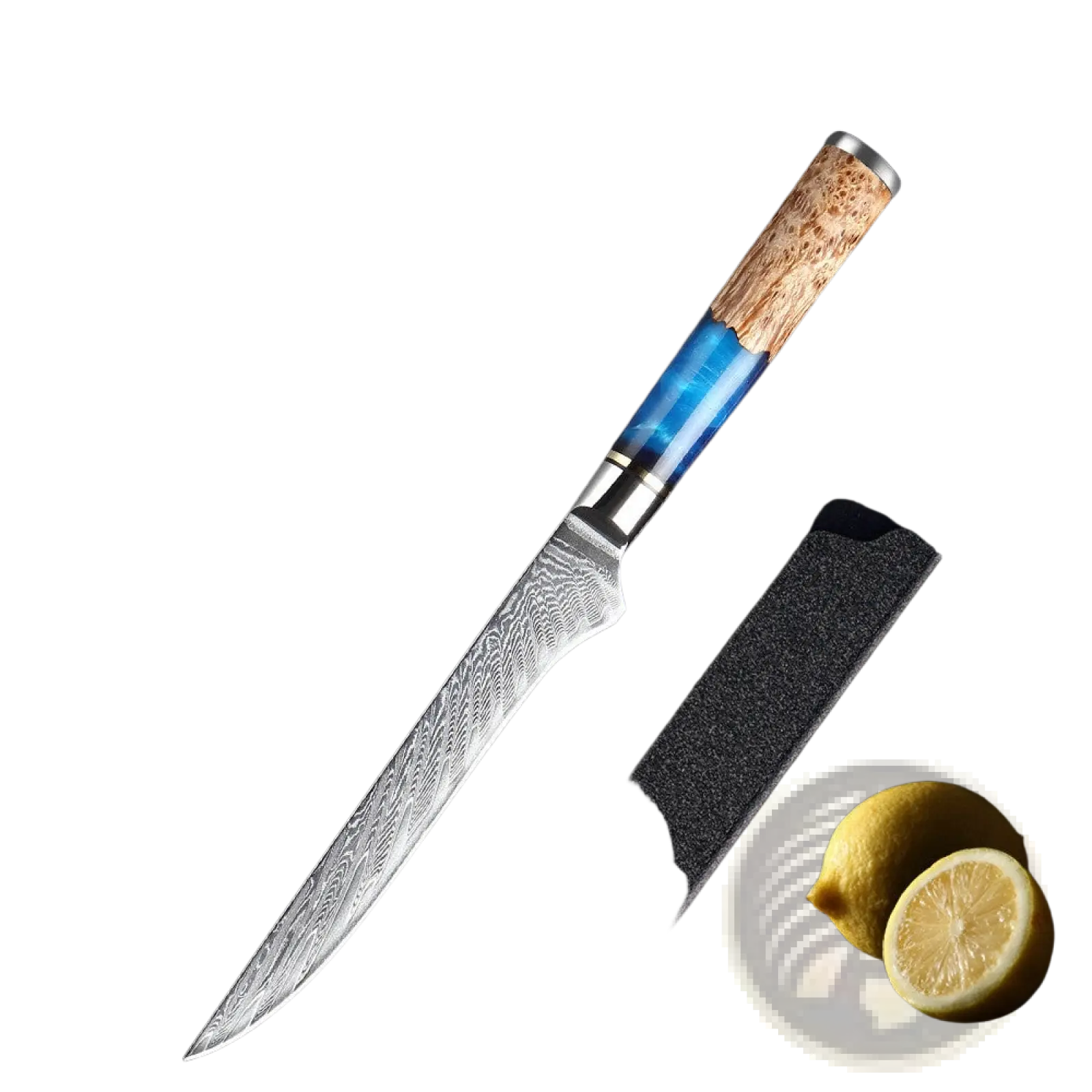 A 6-inch damascus boning knife with blue resin and wood handle displayed with black gift sheath from chef knife set