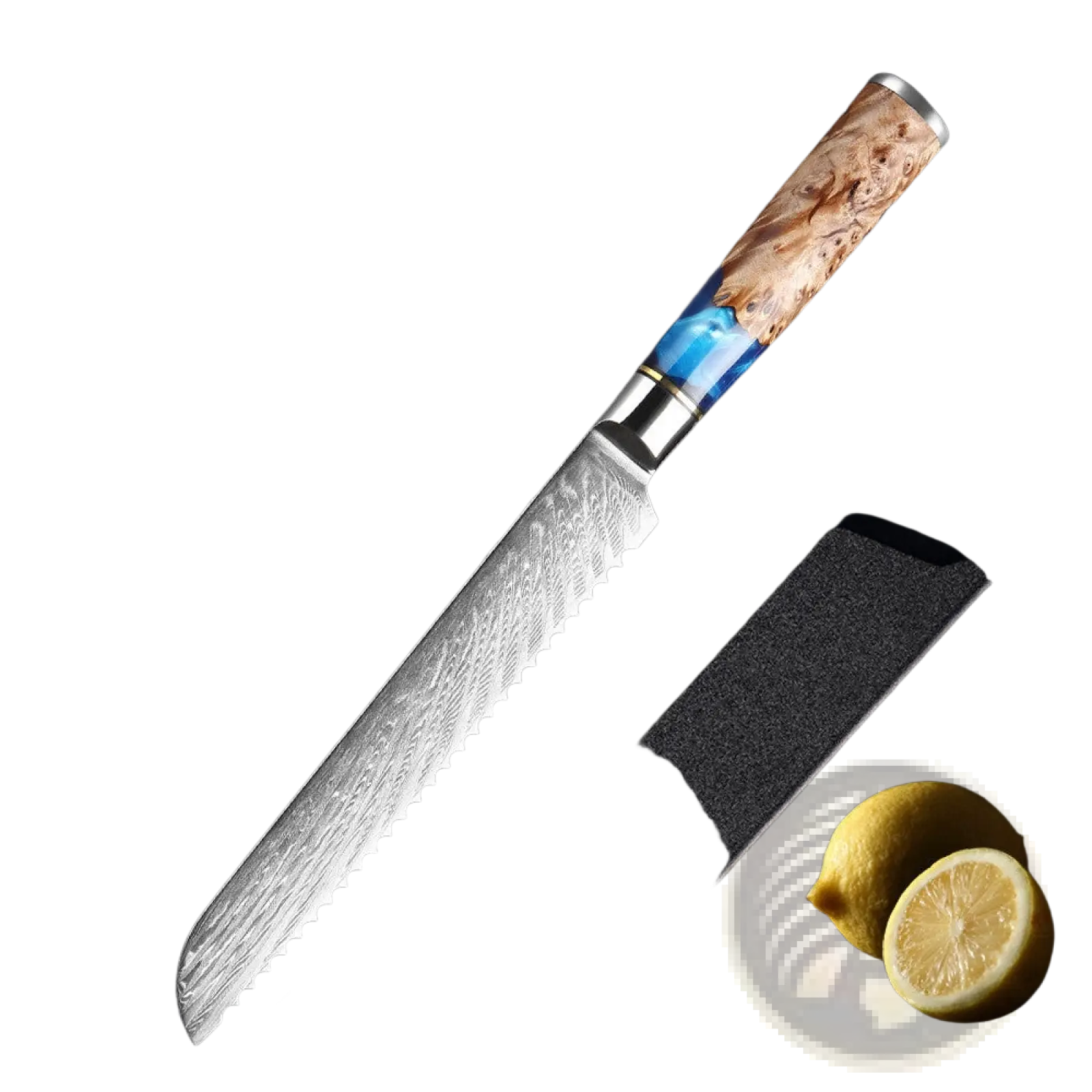 7.5-inch damascus steel bread knife with blue resin inlaid natural wood grain handle and black gift sheath