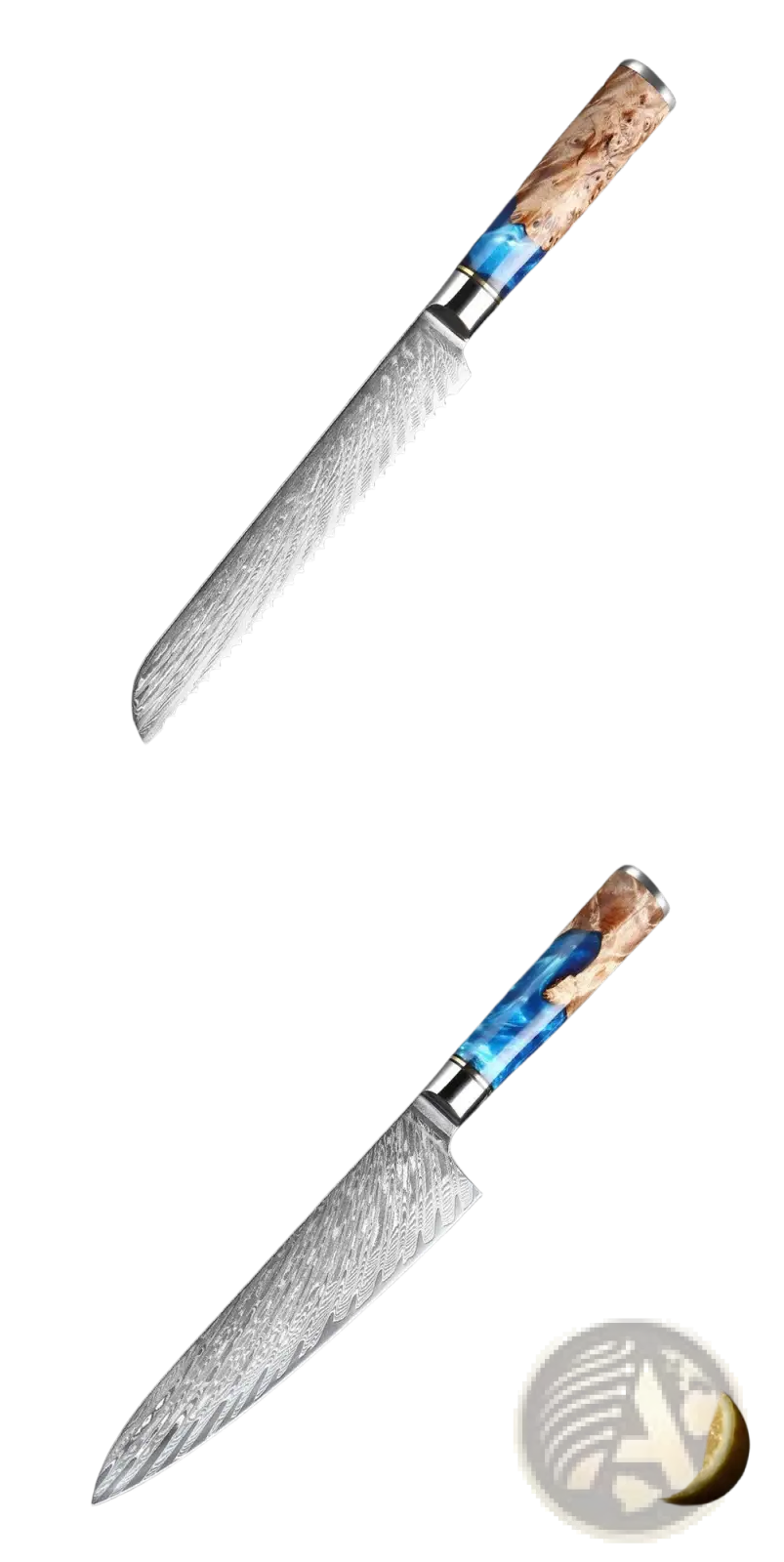A 7.5-inch damascus steel bread knife and 8-inch chef’s knife with blue resin handle from a 7 piece set