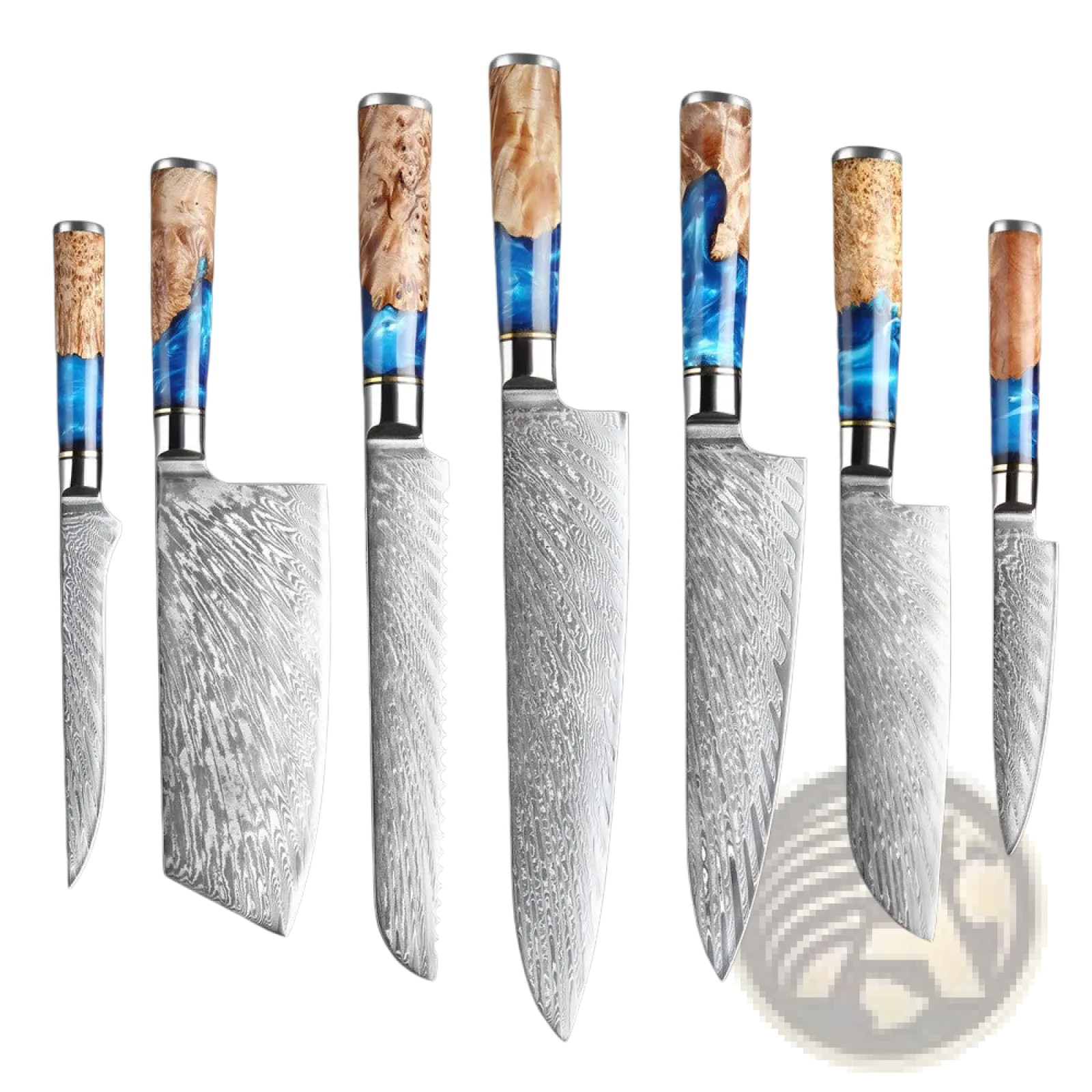 Set of six elegant damascus chef knives with blue resin and natural wood grain handcrafted handles