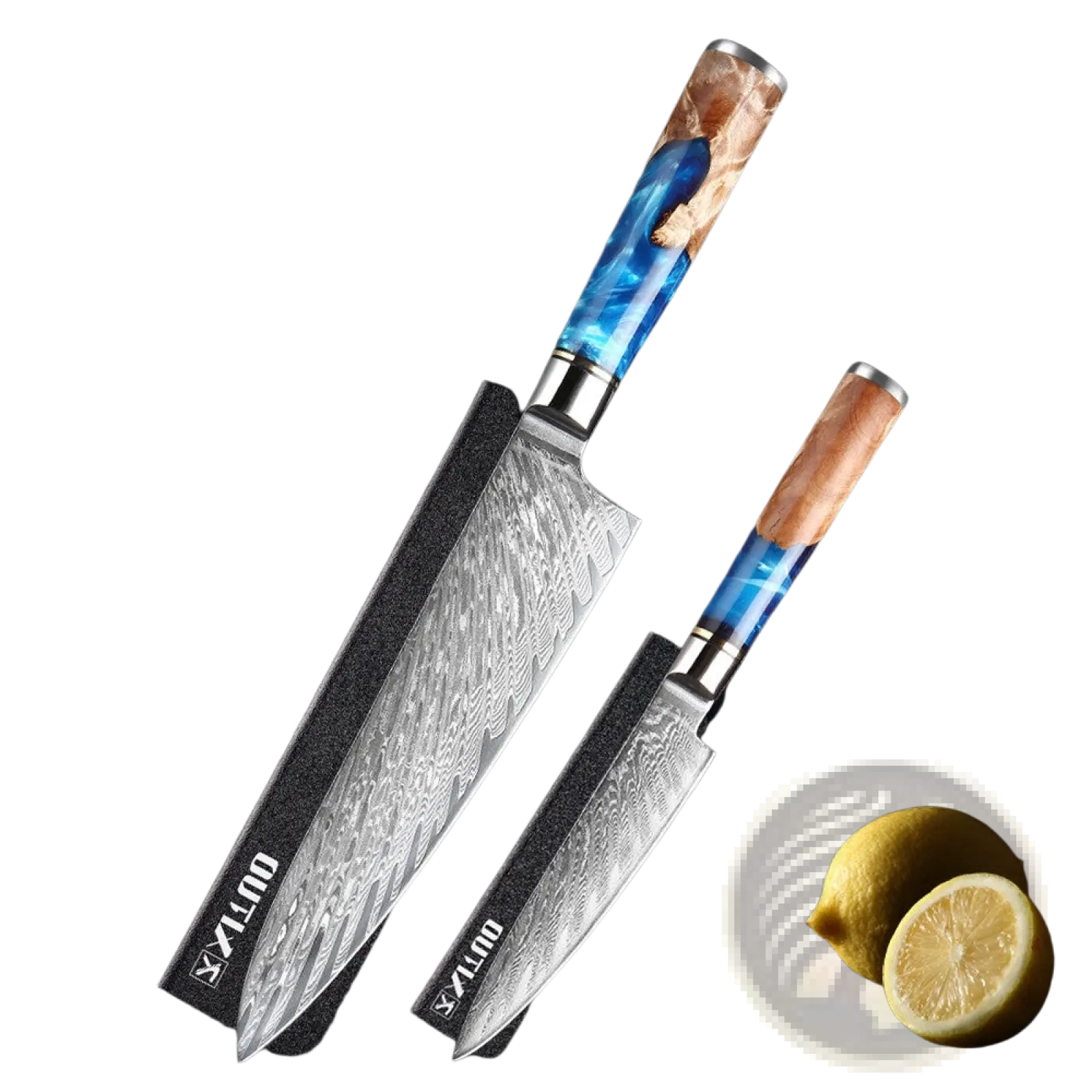 Elegant 8-inch and 5-inch damascus chef knives with blue resin inlay wood grain handles in a 7 piece set