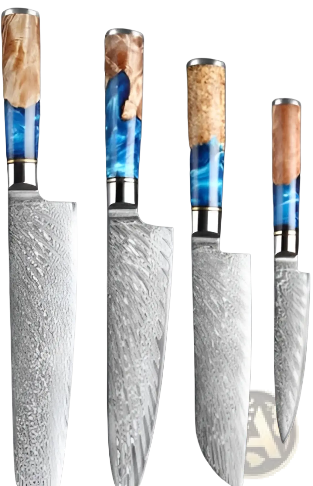 Set of four premium damascus steel chef knives with blue resin and natural wood grain handcrafted handles