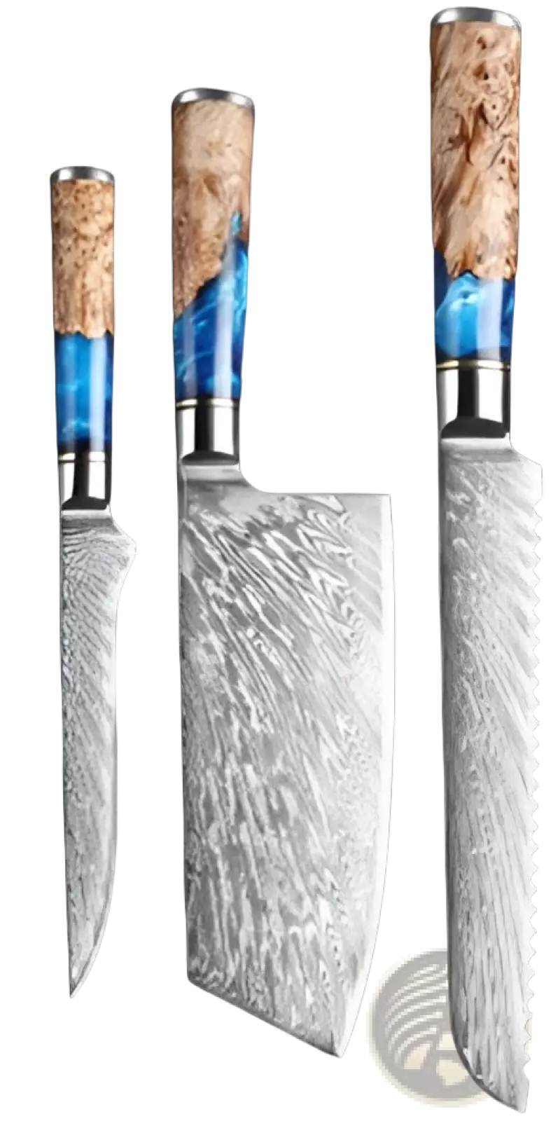 Set of three premium damascus chef knives with blue resin and natural wood handles in a 7 piece collection