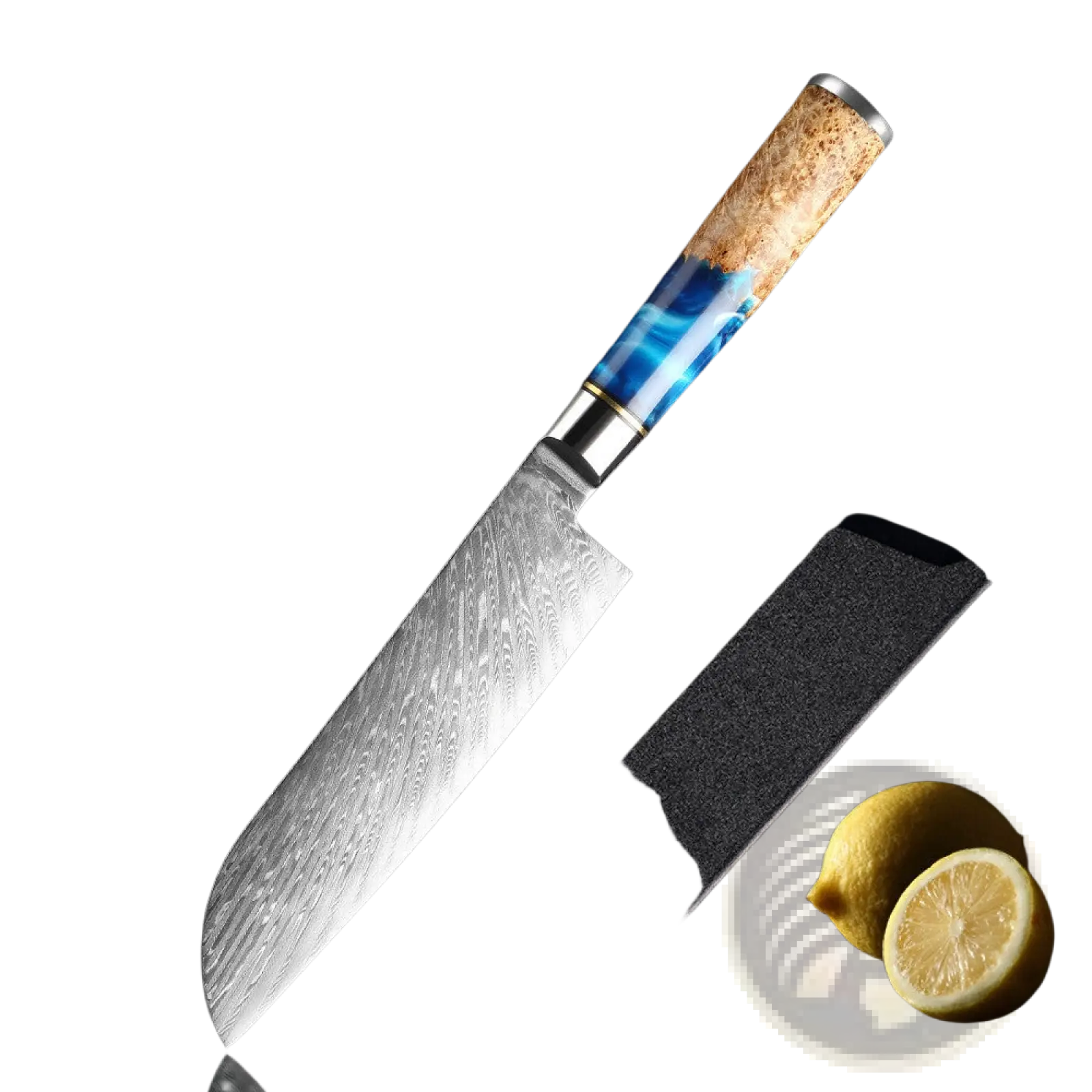 A 7-inch santoku chef knife with damascus steel blade and blue resin inlay handle with black sheath