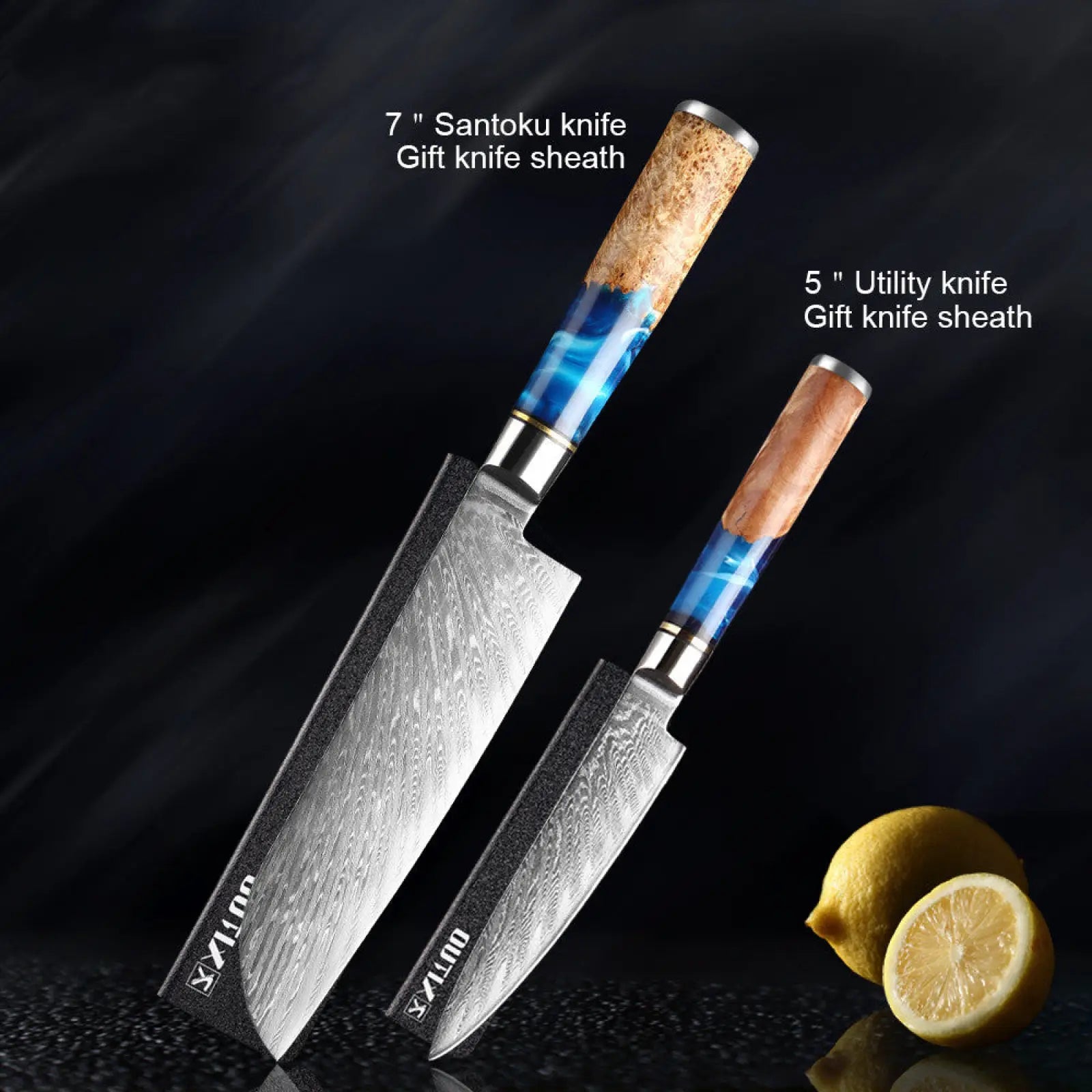 A pair of damascus chef knives with blue resin inlays and natural wood handles including santoku and utility knives