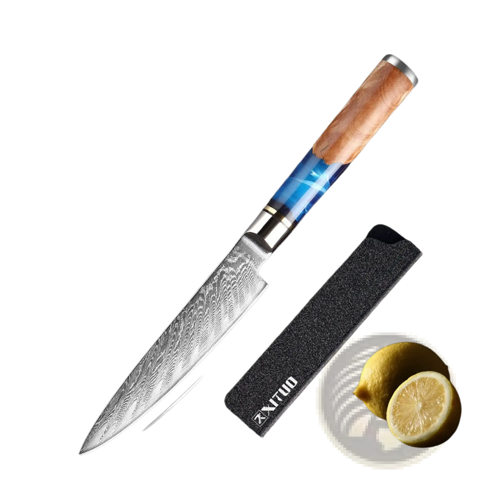A 5-inch damascus steel utility knife with blue resin and wood handle displayed with black sheath from damascus chef knife set