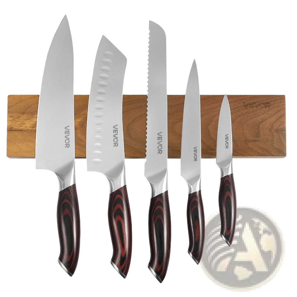 Five vevor damascus kitchen knives with dark red black marbled wooden handles mounted on matching wood magnetic strip