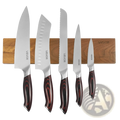 Five vevor damascus kitchen knives with dark red black marbled wooden handles mounted on matching wood magnetic strip