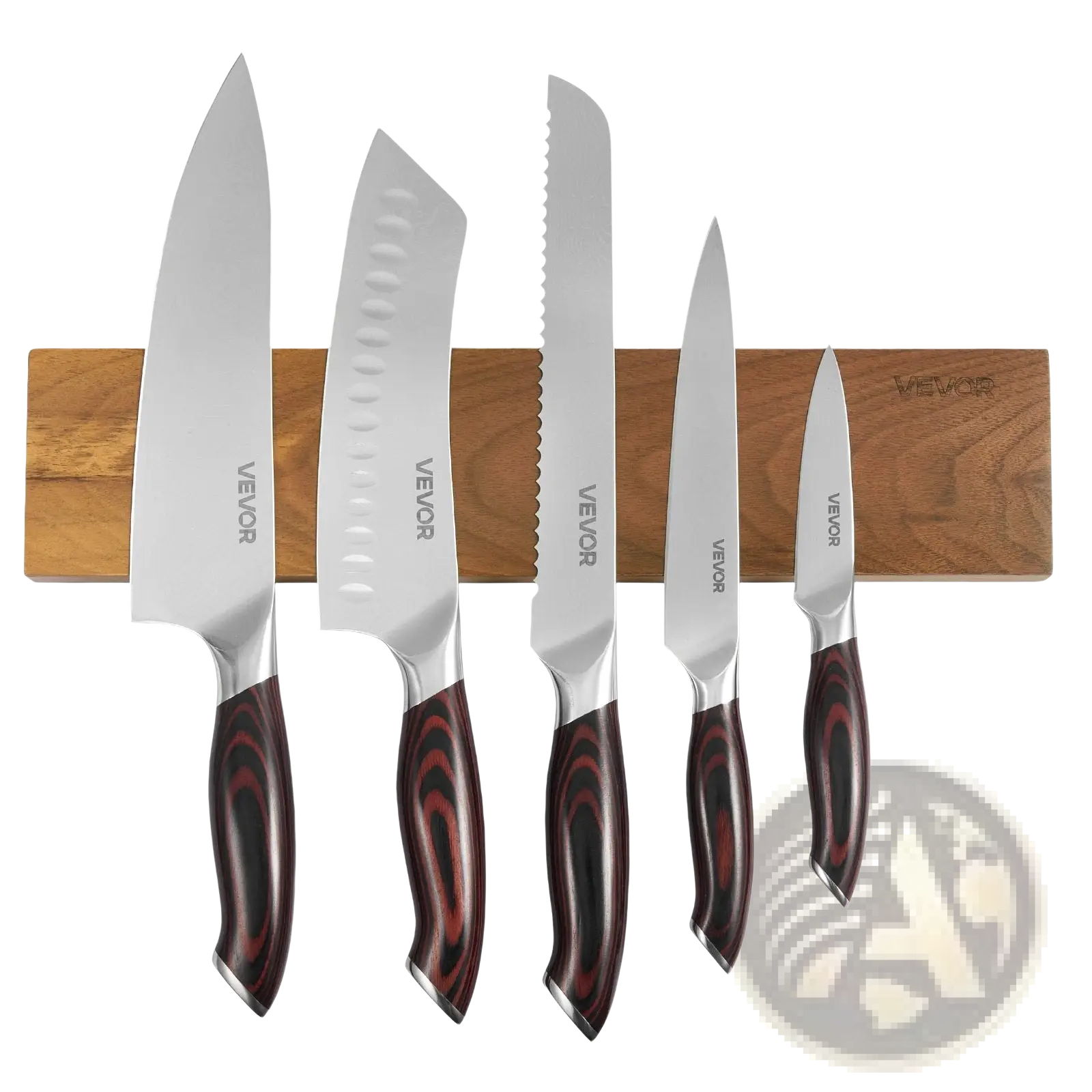 Five vevor damascus kitchen knives with dark red black marbled wooden handles mounted on matching wood magnetic strip