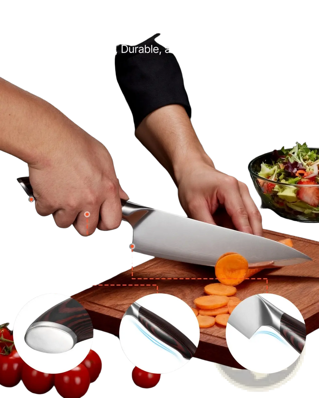 Silver chef’s knife with ergonomic dark wood handle and stainless steel bolster from damascus kitchen knife set with magnetic holder