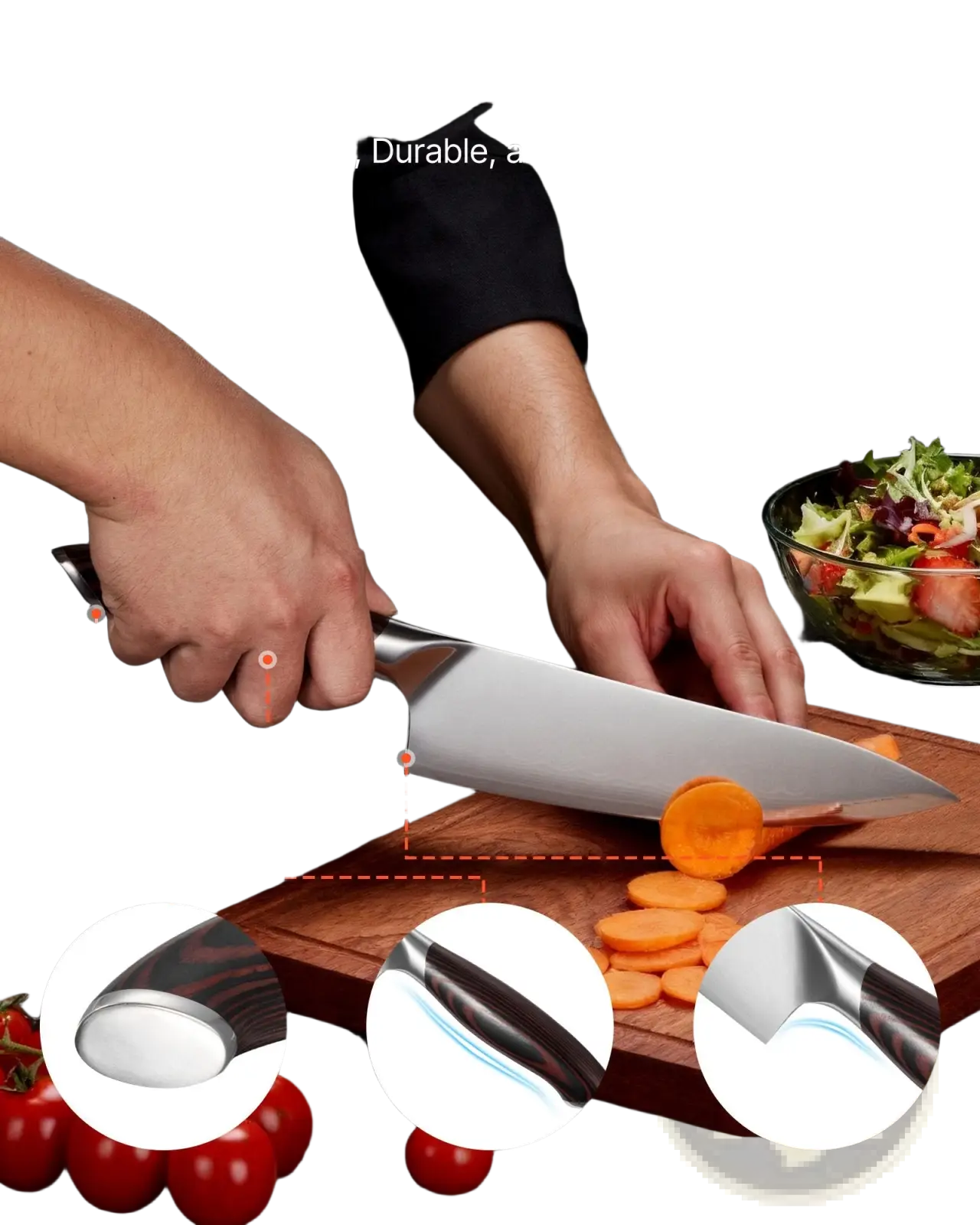 Silver chef’s knife with ergonomic dark wood handle and stainless steel bolster from damascus kitchen knife set with magnetic holder
