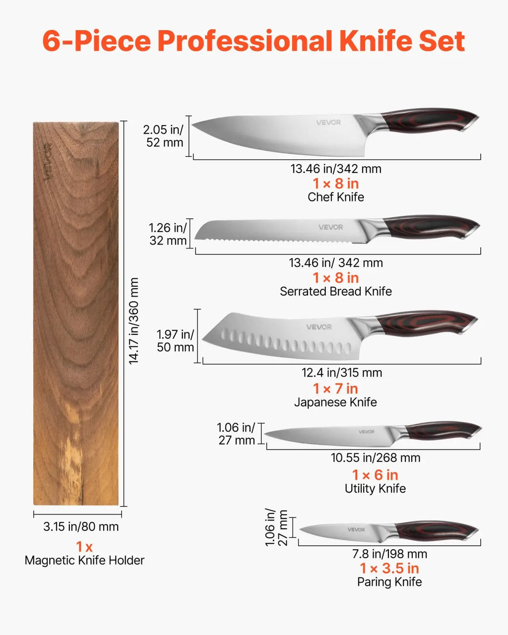 Six-piece damascus kitchen knife set with stainless steel blades and dark brown wooden handles in magnetic holder