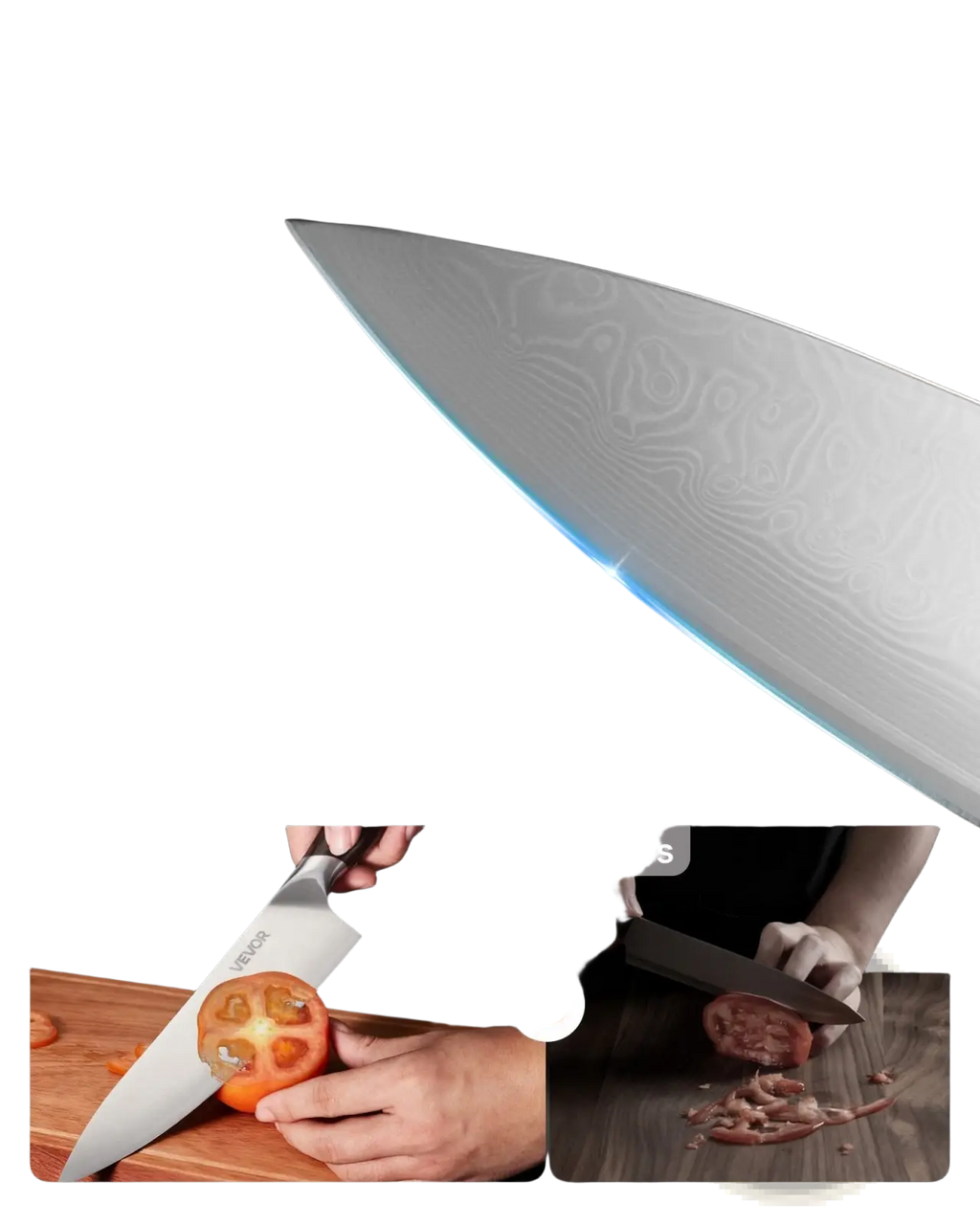 A sleek silver damascus steel kitchen knife with double beveled edge for sharp non stick cutting performance